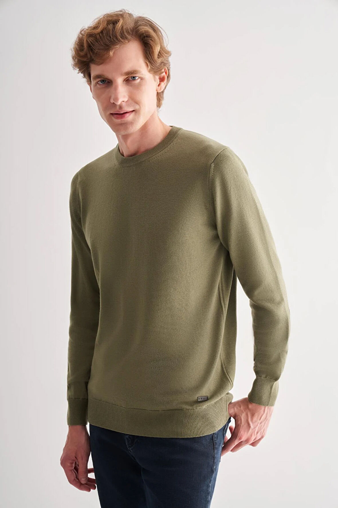 Açık Yeşil Bisiklet Yaka Cepsiz Comfort Fit Classic Pamuklu Triko Kazak 1012255006