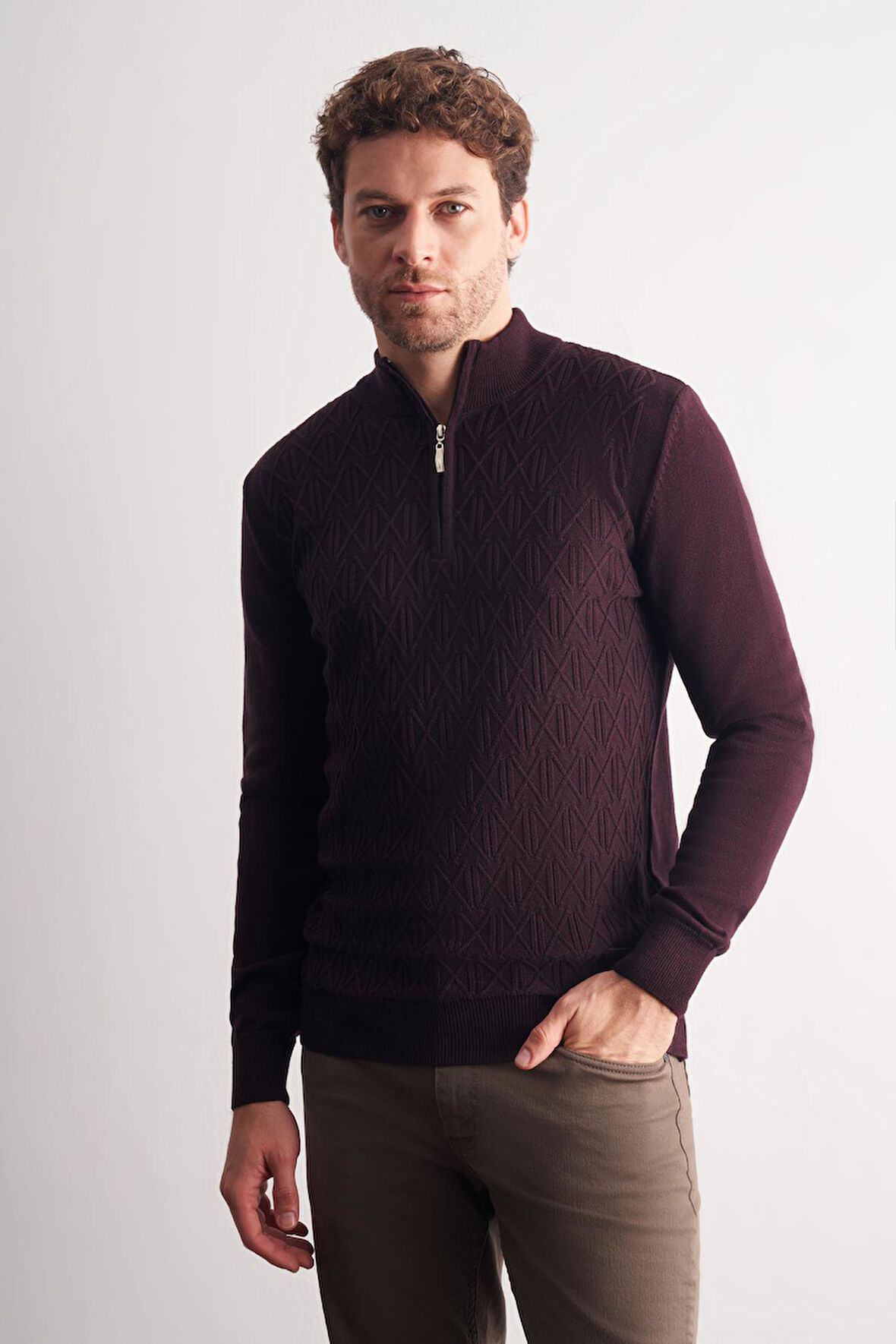 Mürdüm Dik Yaka Uzun Kol Cepsiz Slim Fit Casual Pamuklu Triko Kazak 1012255108