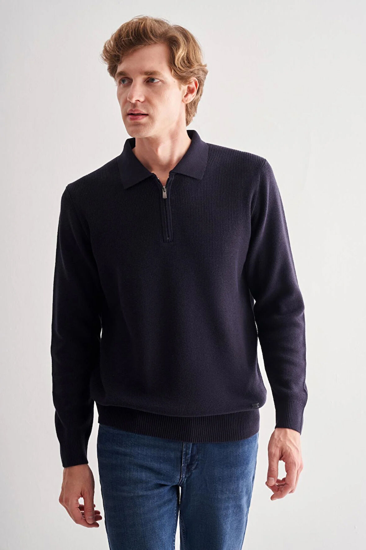 Koyu Lacivert Fermuarlı Polo Yaka Uzun Kol Cepsiz Comfort Fit Casual Pamuklu Triko Kazak 1012255202