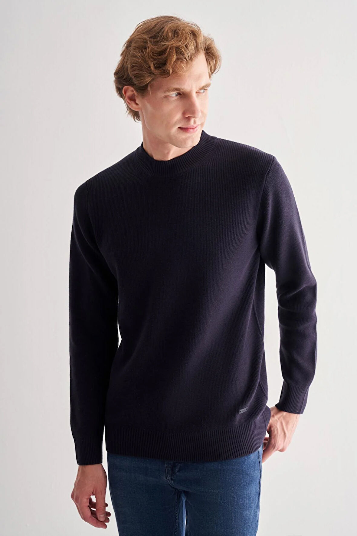 Koyu Lacivert Yarım Balıkçı Yaka Uzun Kol Cepsiz Comfort Fit Casual Pamuklu Triko Kazak 1012255203