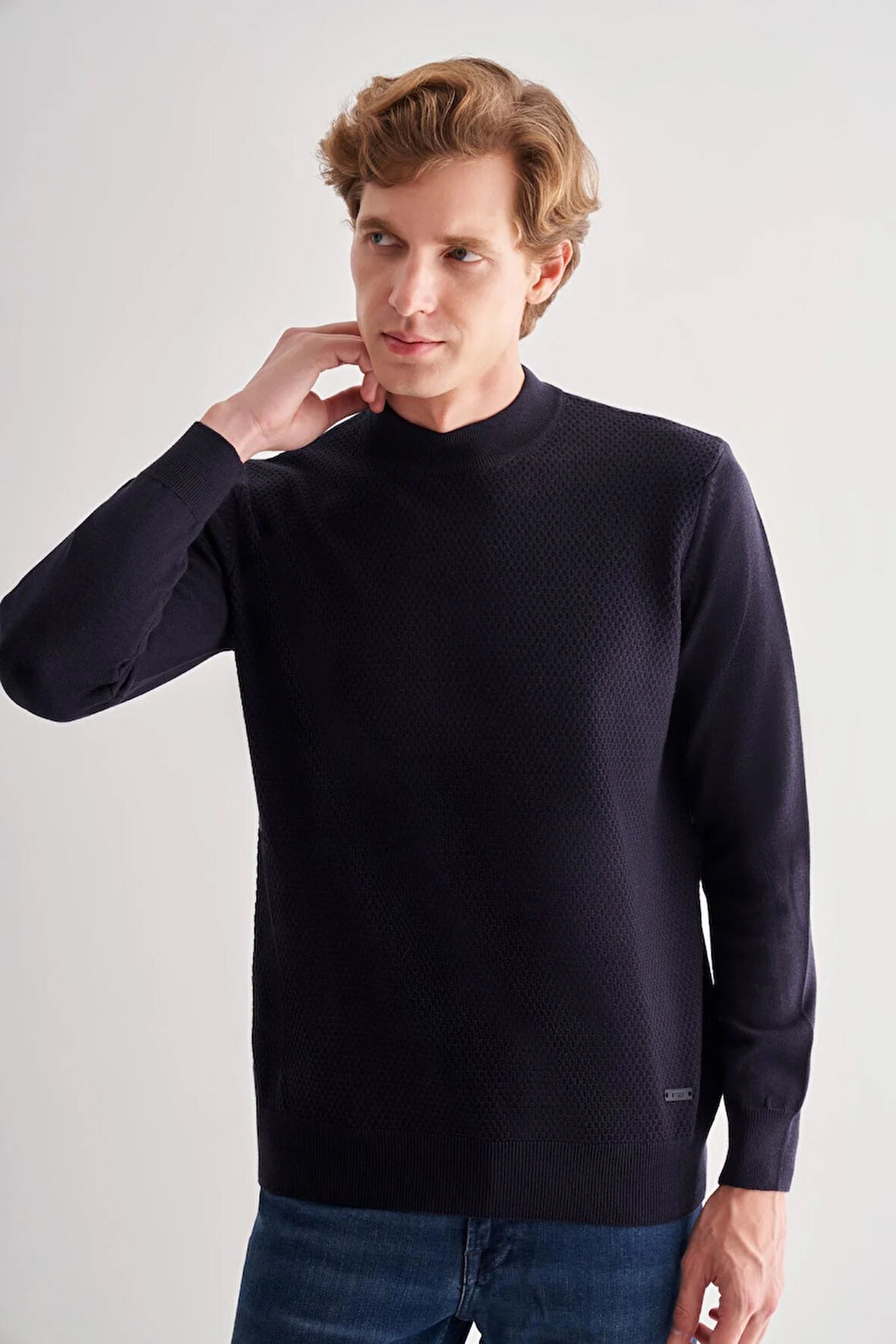 Koyu Lacivert Yarım Balıkçı Yaka Uzun Kol Cepsiz Comfort Fit Classic Pamuklu Triko Kazak 1012255208