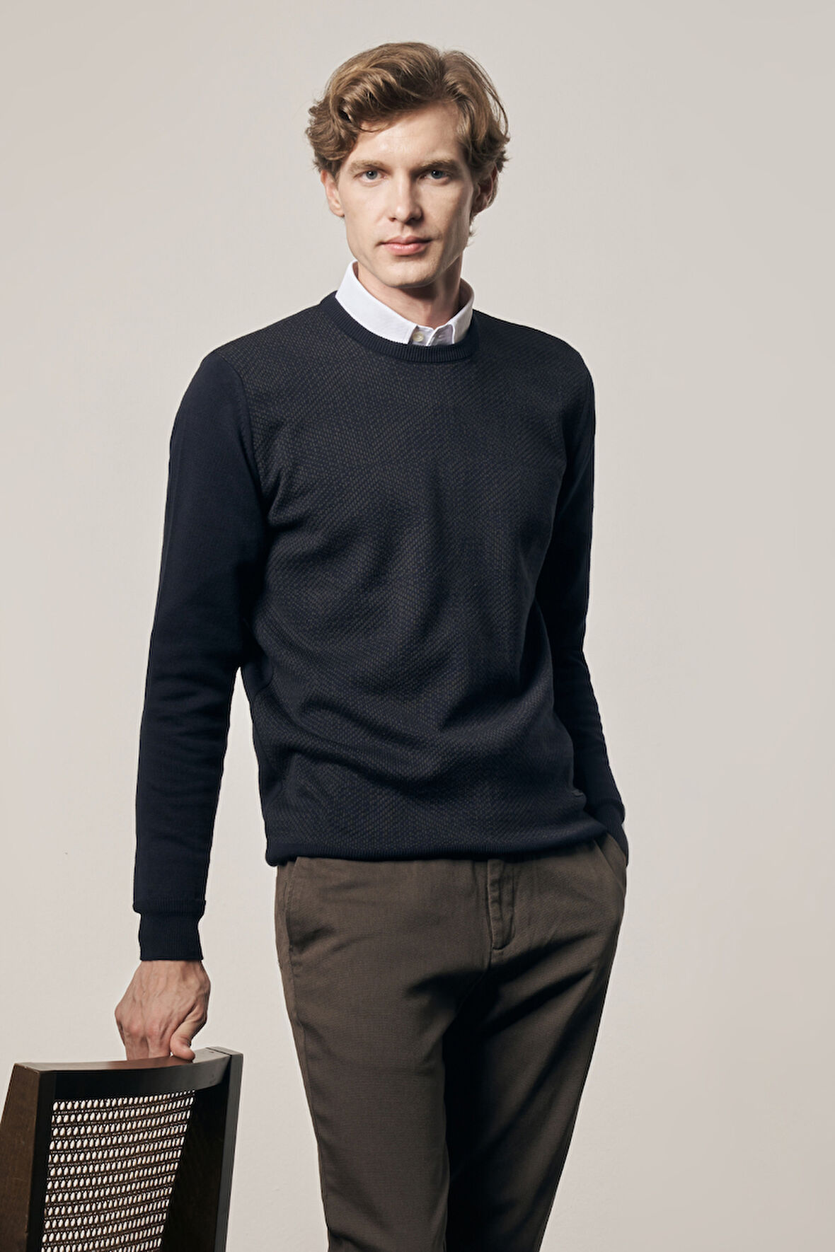 Koyu Lacivert Bisiklet Yaka Uzun Kol Cepsiz Comfort Fit Pamuklu Triko Kazak 1012255216