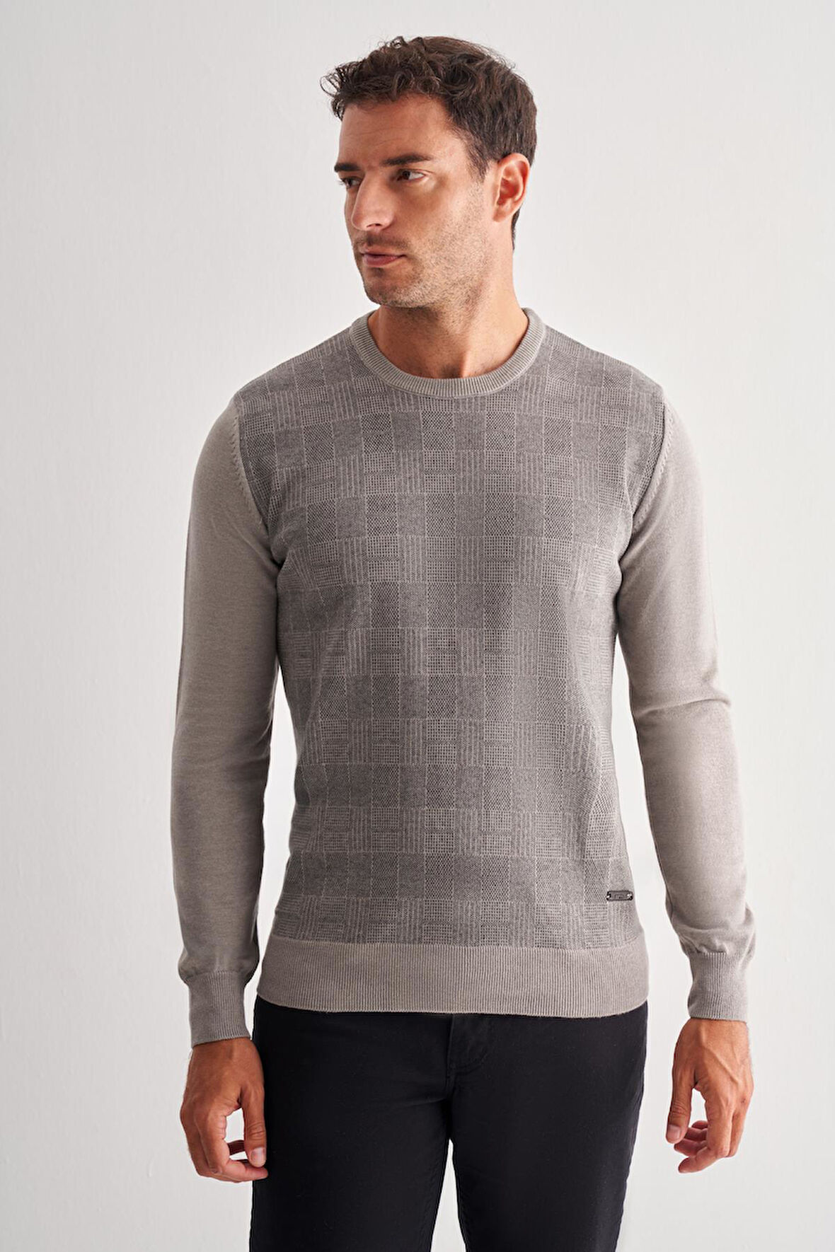 Açık Gri Bisiklet Yaka Uzun Kol Cepsiz Comfort Fit Pamuklu Triko Kazak 1012255217