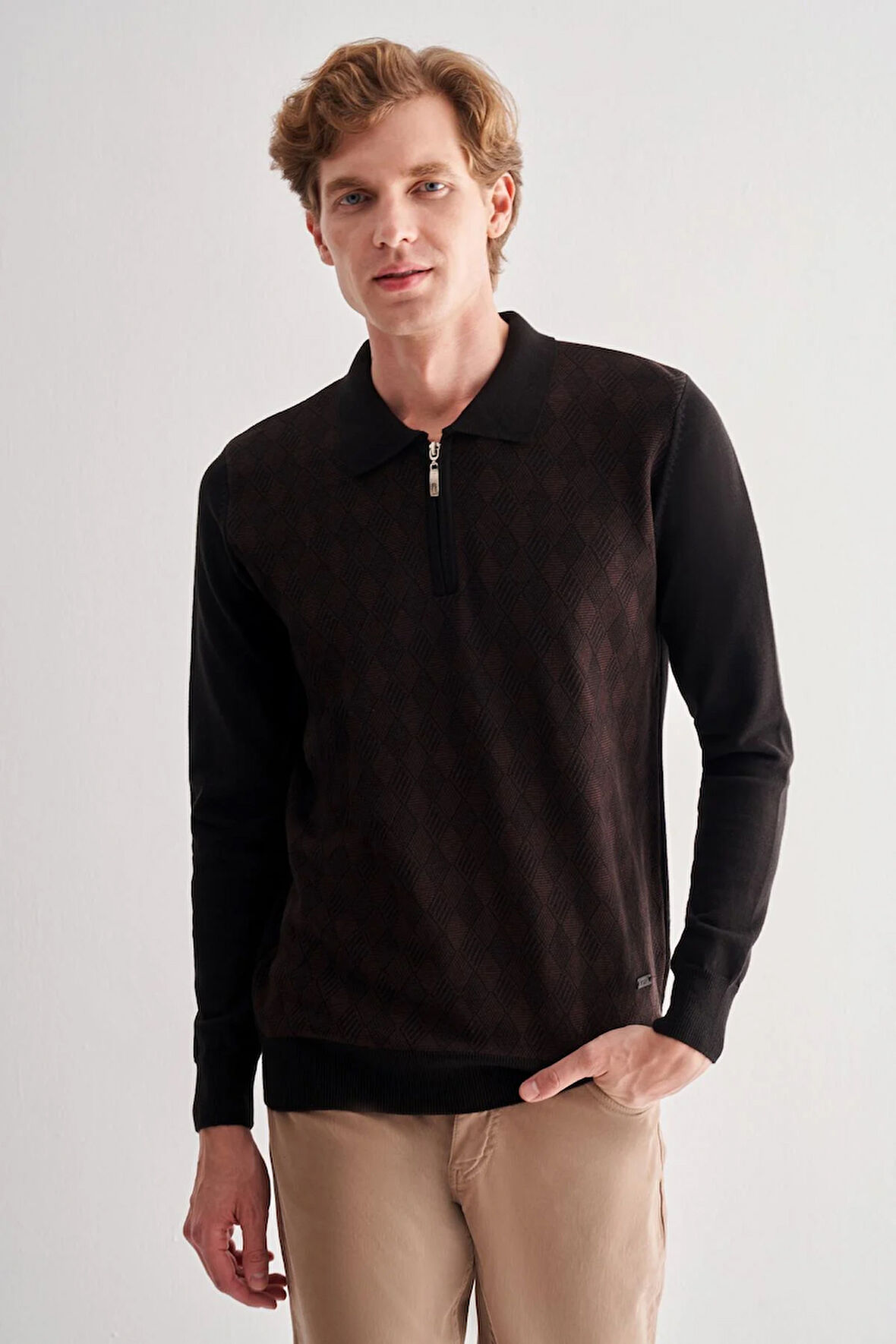 Siyah Fermuarlı Polo Yaka Uzun Kol Cepsiz Comfort Fit Pamuklu Triko Kazak 1012255223