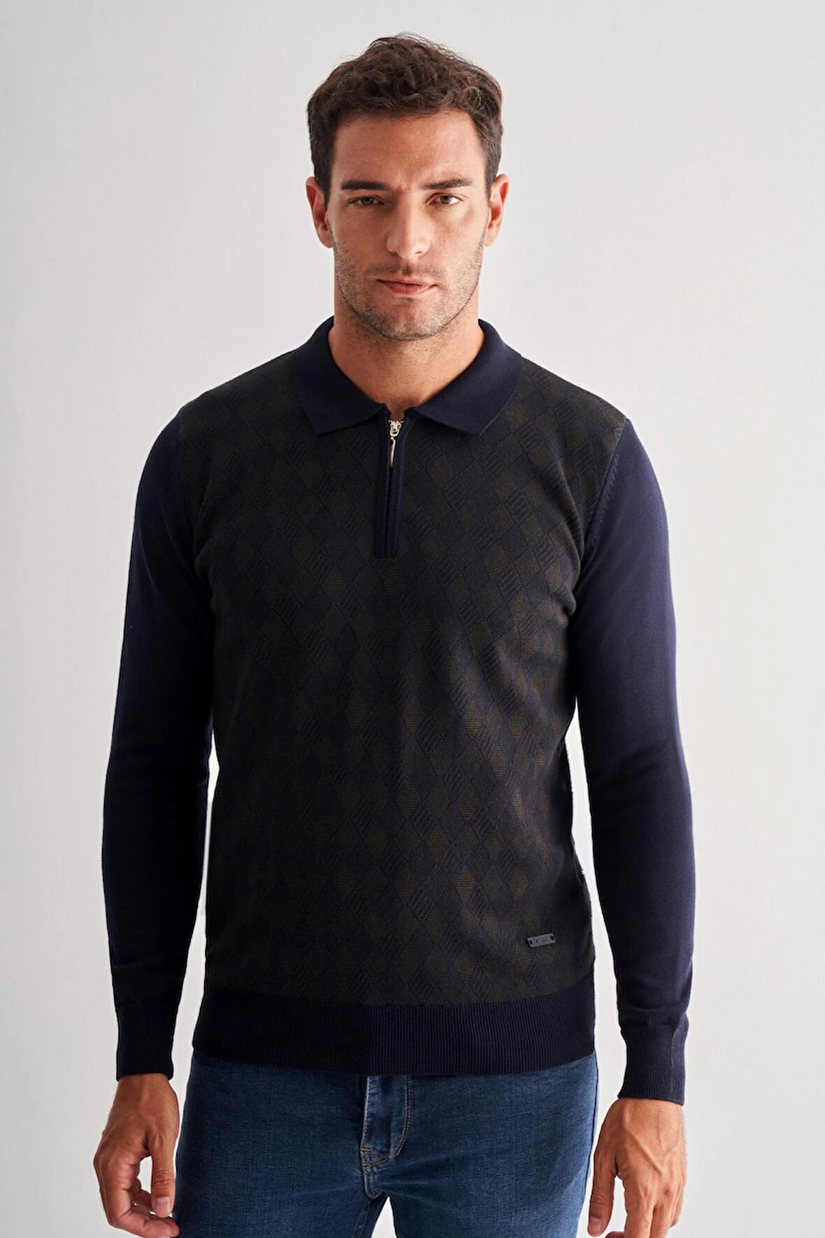 Koyu Lacivert Fermuarlı Polo Yaka Uzun Kol Cepsiz Comfort Fit Pamuklu Triko Kazak 1012255223