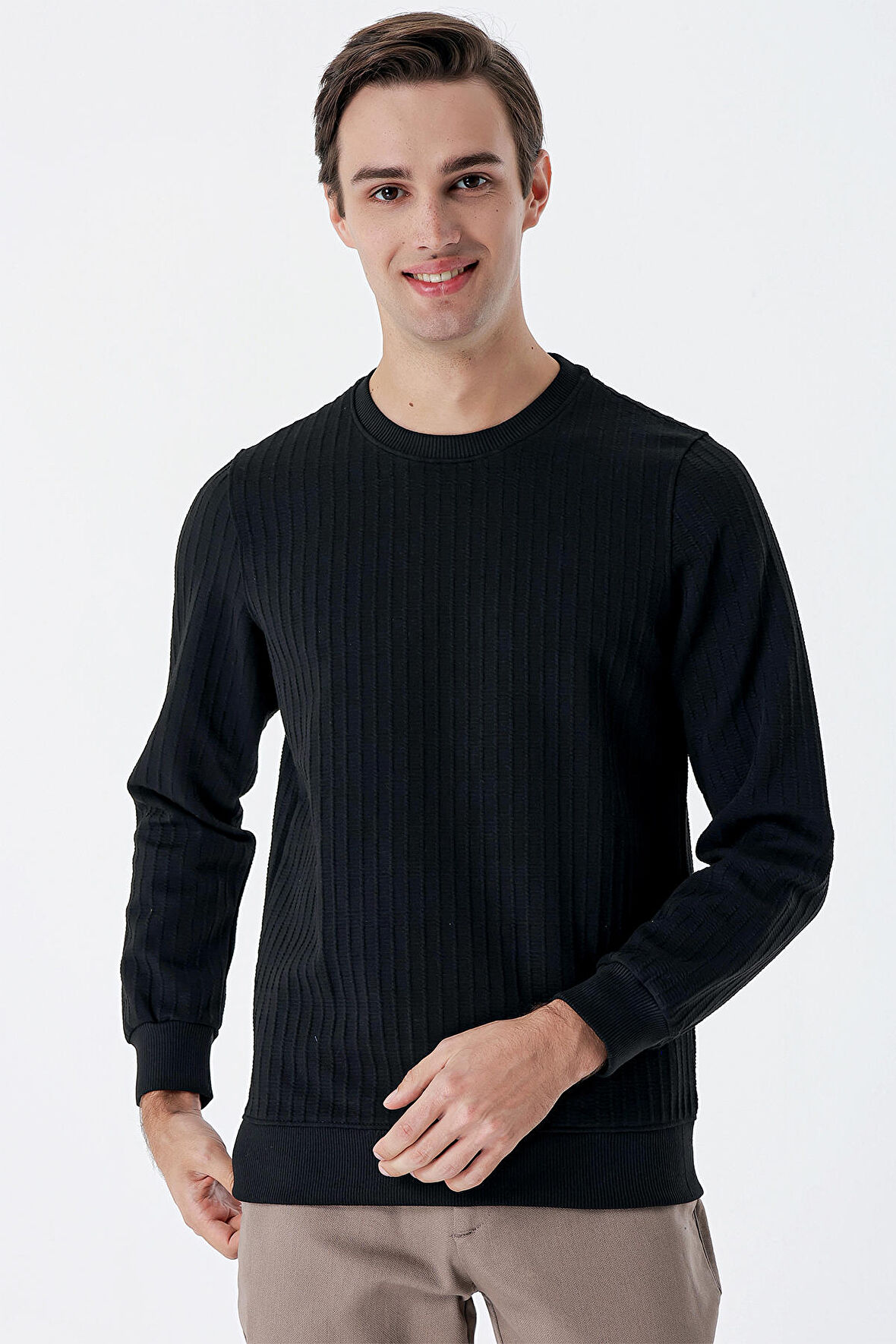Uzun Kollu  Örme Bisiklet Yaka   Likralı Casual Comfort Fit Sweatshirt 1013235104 Siyah