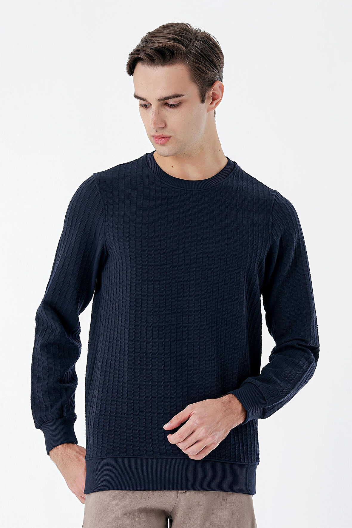 Uzun Kollu  Örme Bisiklet Yaka   Likralı Casual Comfort Fit Sweatshirt 1013235104 Koyu Lacivert