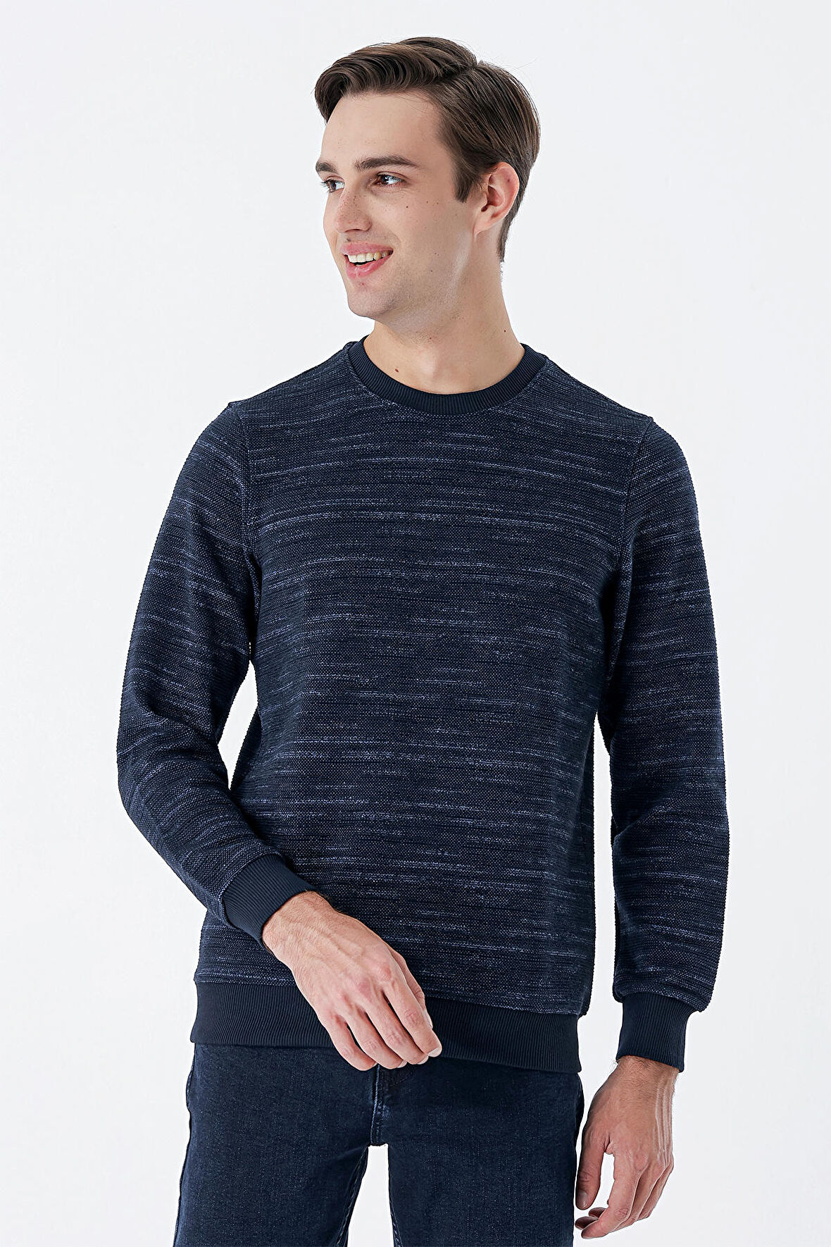 Uzun Kollu  Örme Bisiklet Yaka   Likralı Casual Comfort Fit Sweatshirt 1013235105 İndigo Mavi