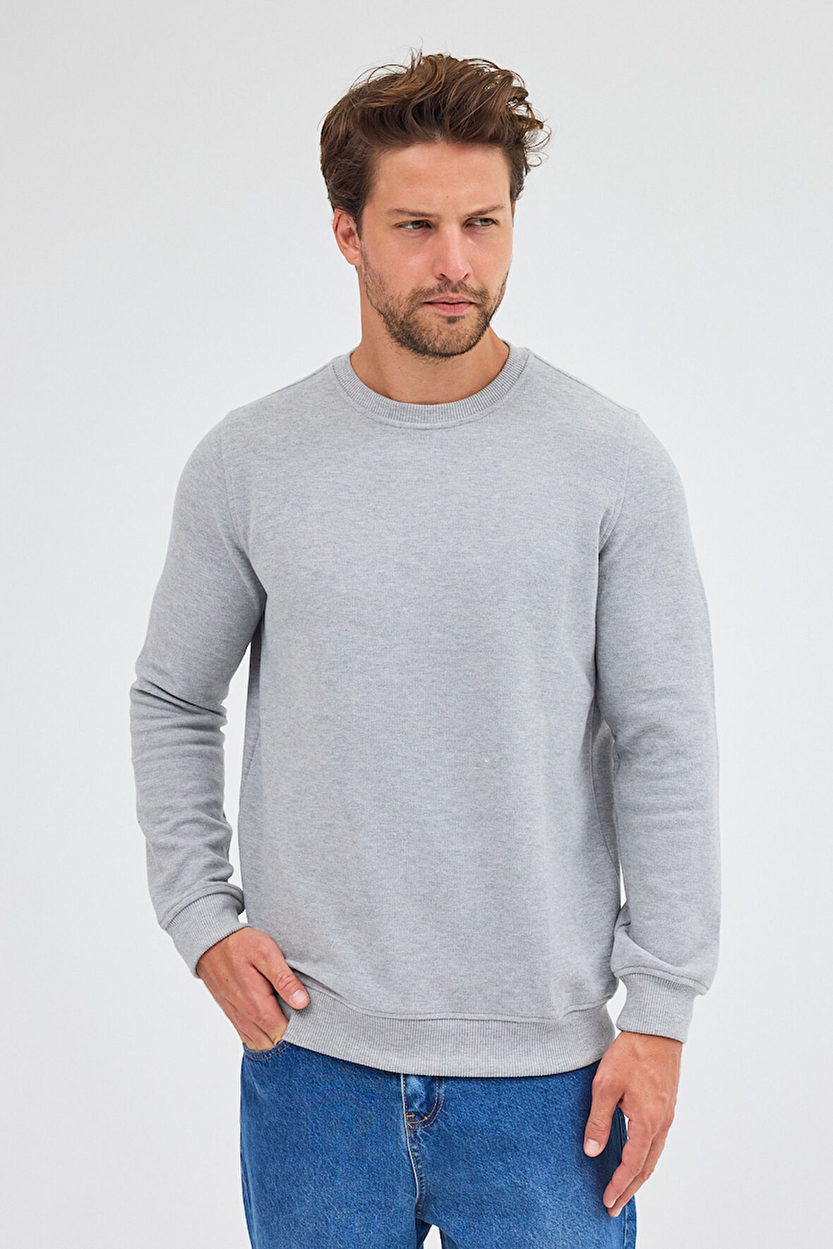 Gri Uzun Kol Bisiklet Yaka Düz Pamuklu Comfort Fit Sweatshirt 1013255150