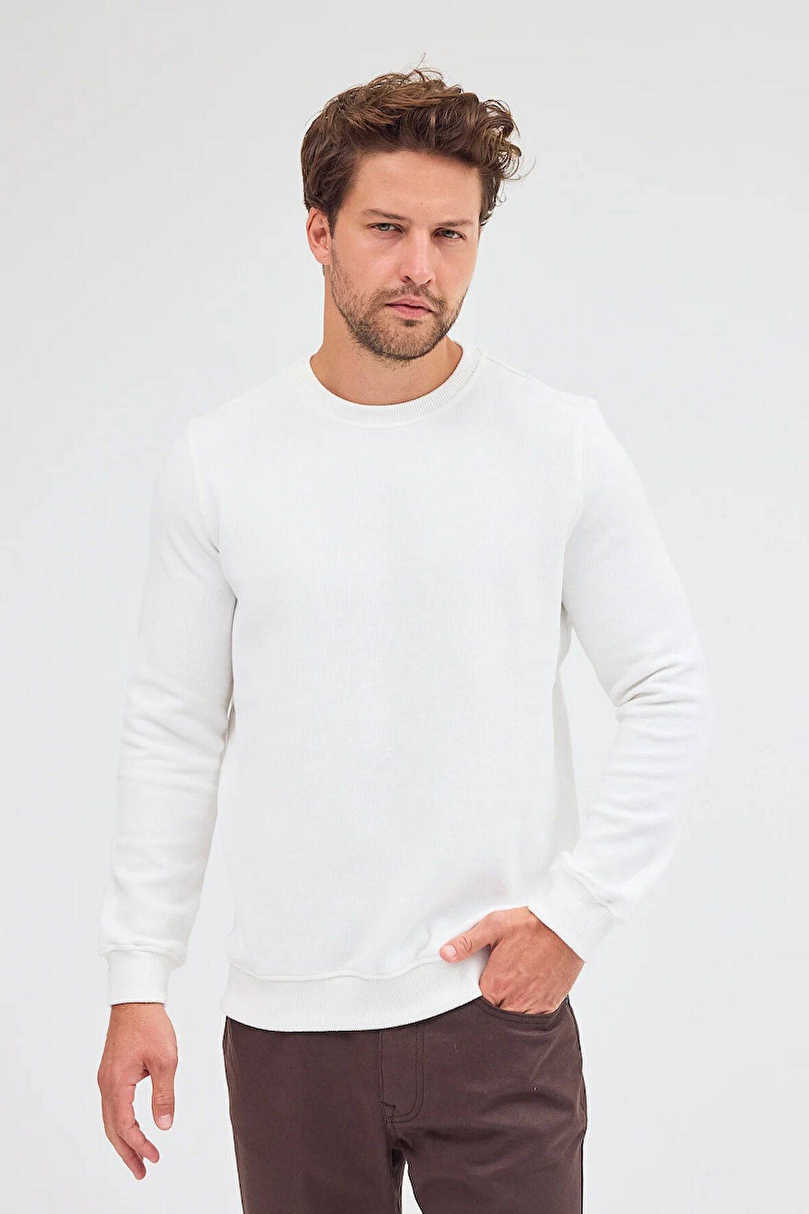 Krem Uzun Kol Bisiklet Yaka Düz Pamuklu Comfort Fit Sweatshirt 1013255150