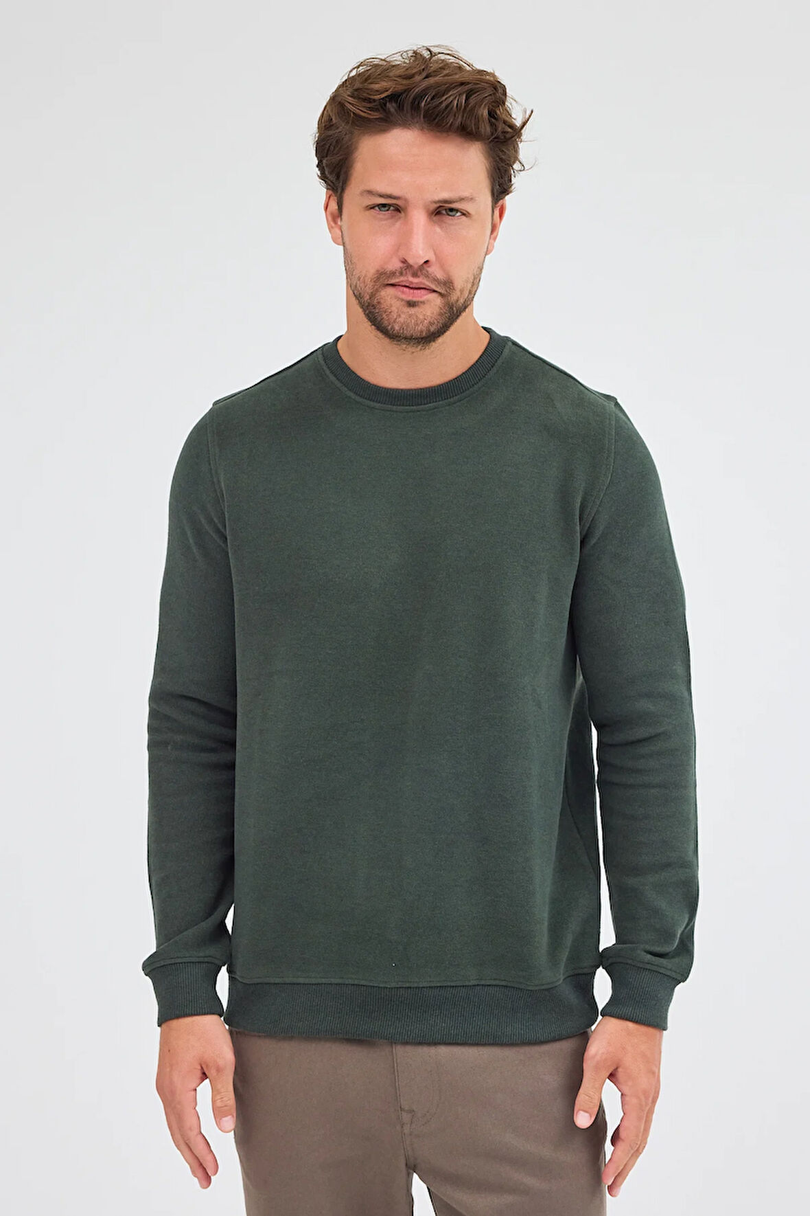 Haki Uzun Kol Bisiklet Yaka Düz Pamuklu Comfort Fit Sweatshirt 1013255150