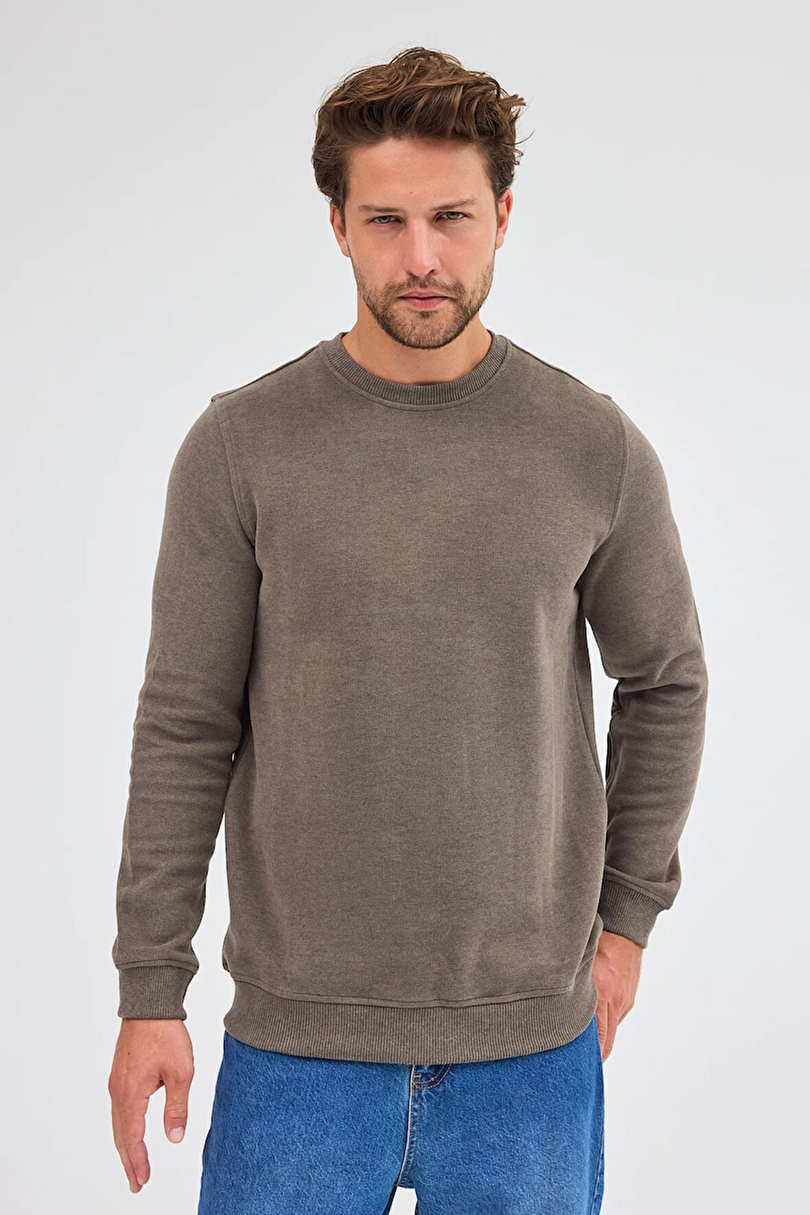 Açık Haki Uzun Kol Bisiklet Yaka Düz Pamuklu Comfort Fit Sweatshirt 1013255150