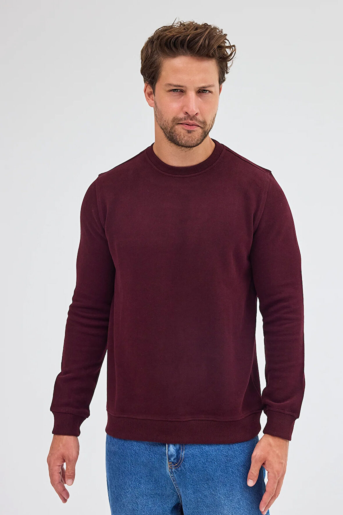 Bordo Uzun Kol Bisiklet Yaka Düz Pamuklu Comfort Fit Sweatshirt 1013255150