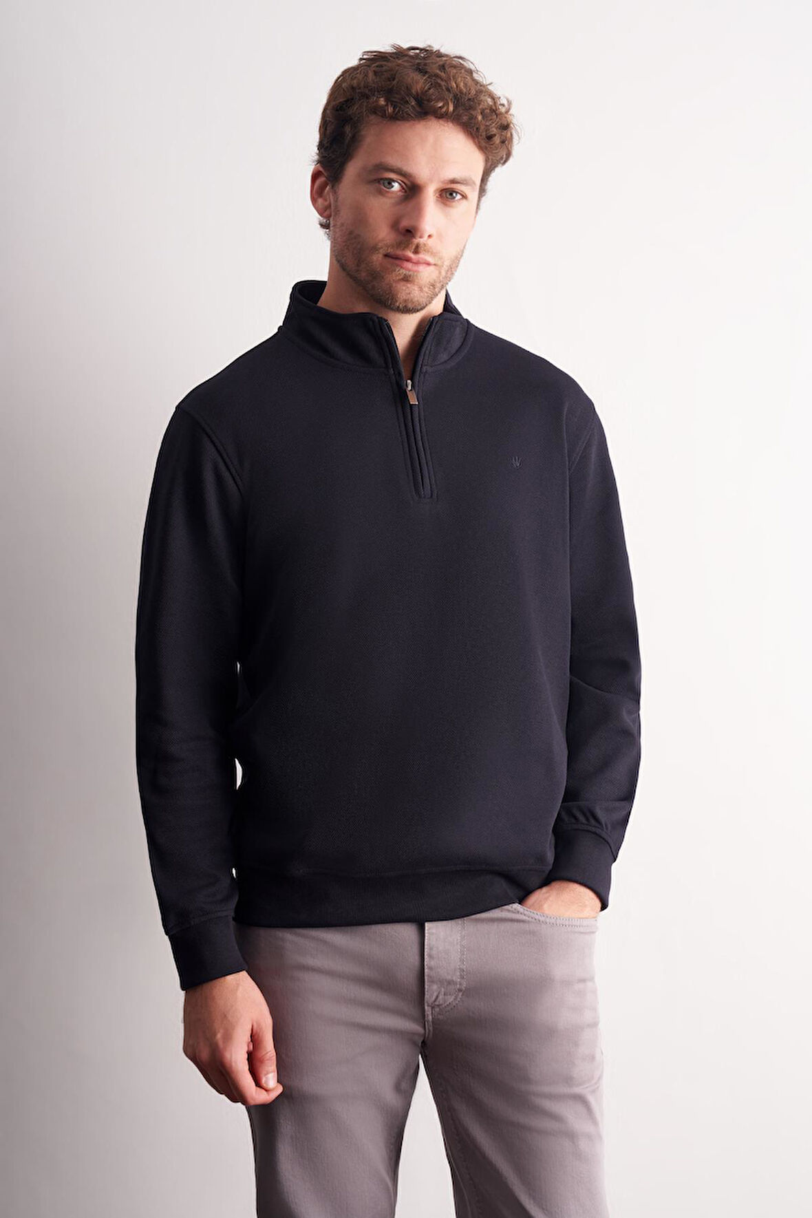 Lacivert Uzun Kol Hakim Yaka Düz Pamuklu Comfort Fit Sweatshirt 1013255151