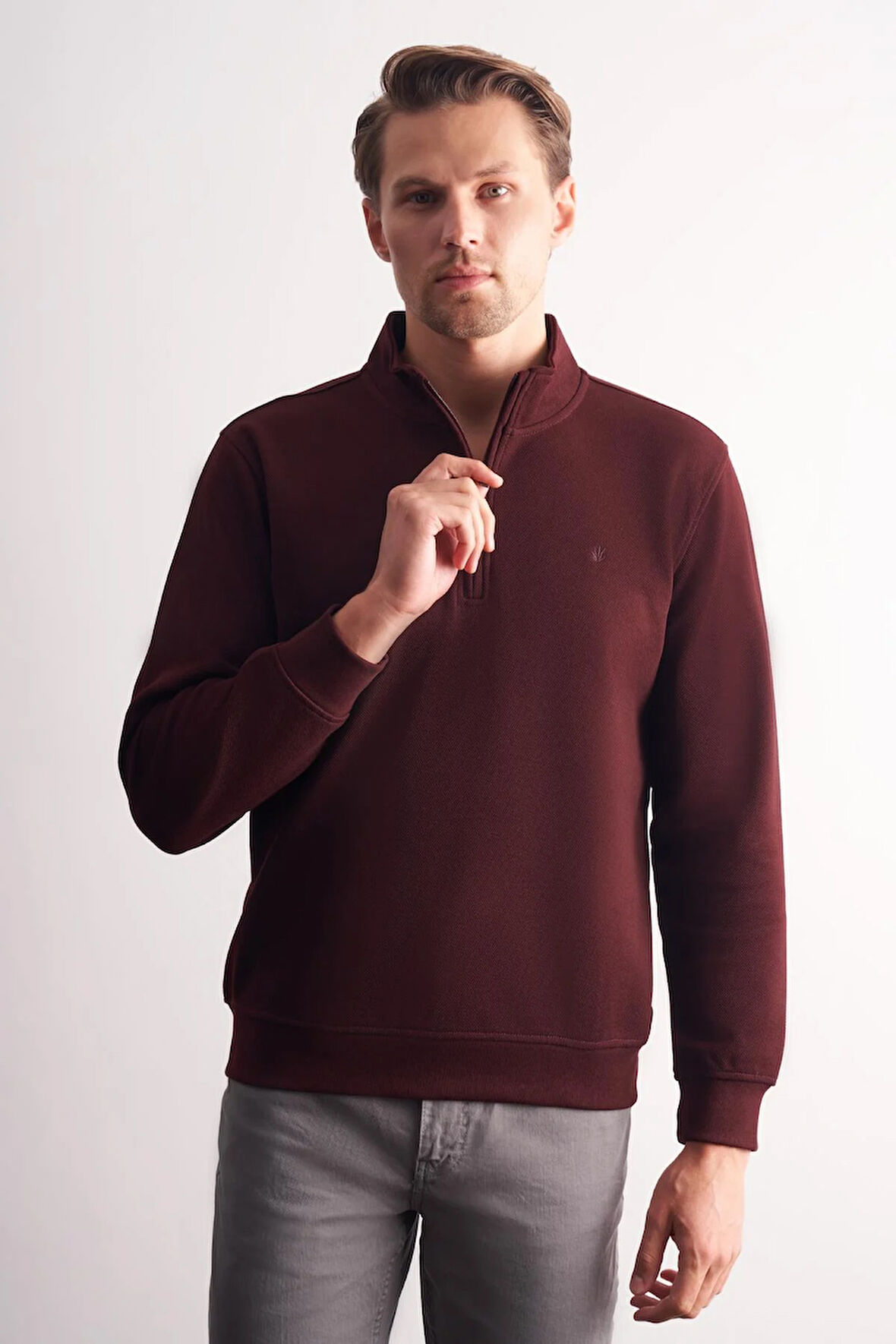 Bordo Uzun Kol Hakim Yaka Düz Pamuklu Comfort Fit Sweatshirt 1013255151