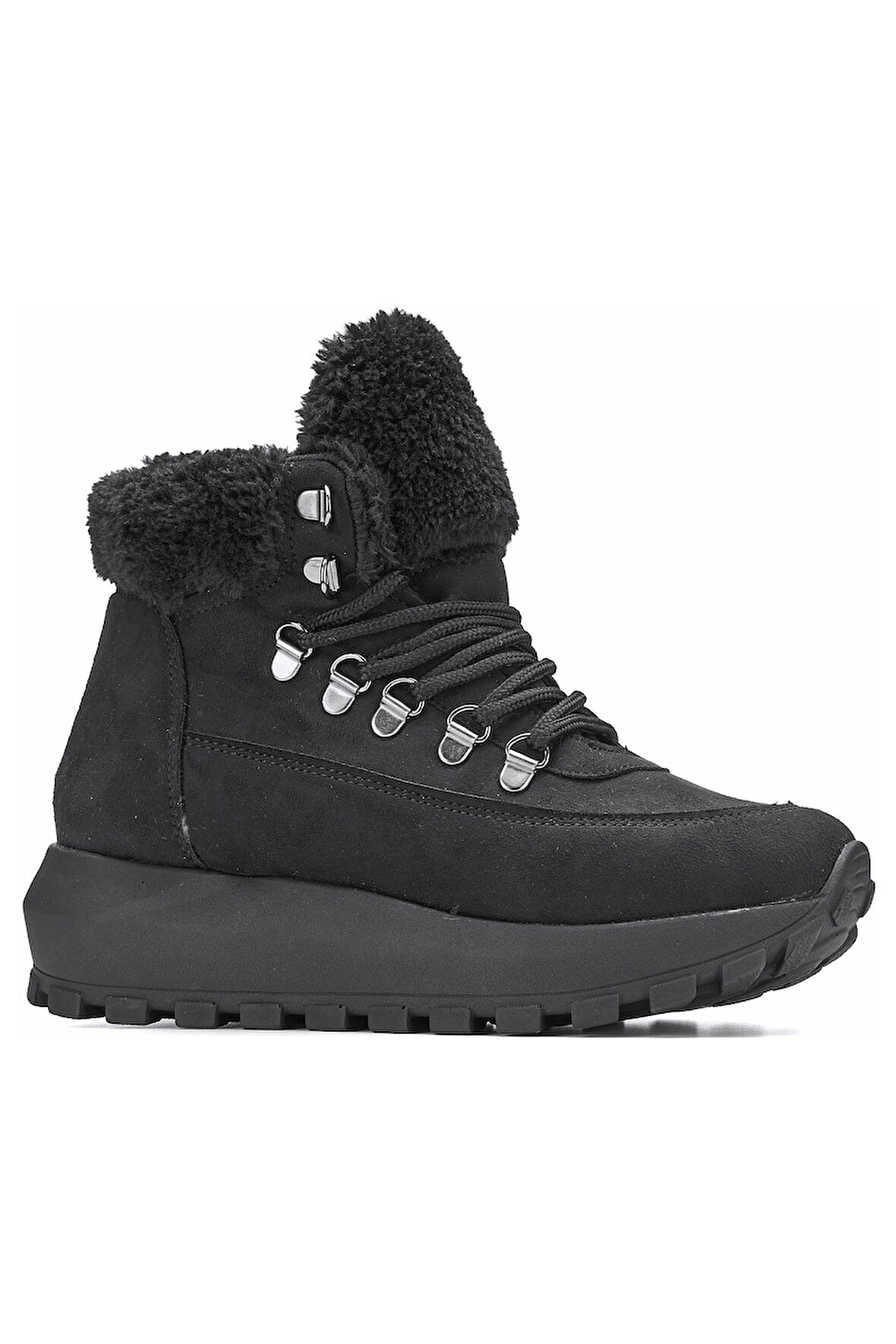 Günlük Kadın Bot Bağcıklı Kalın Yüksek Topuklu Kürk Astarlı Tırtıklı Taban Nubuk Bootie 1015