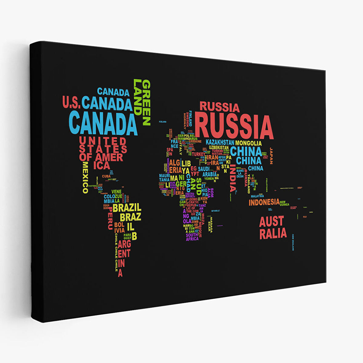 Harita Sepeti Siyah Zeminli Ülke İsimli Dünya Haritası Kanvas Tablo 1015