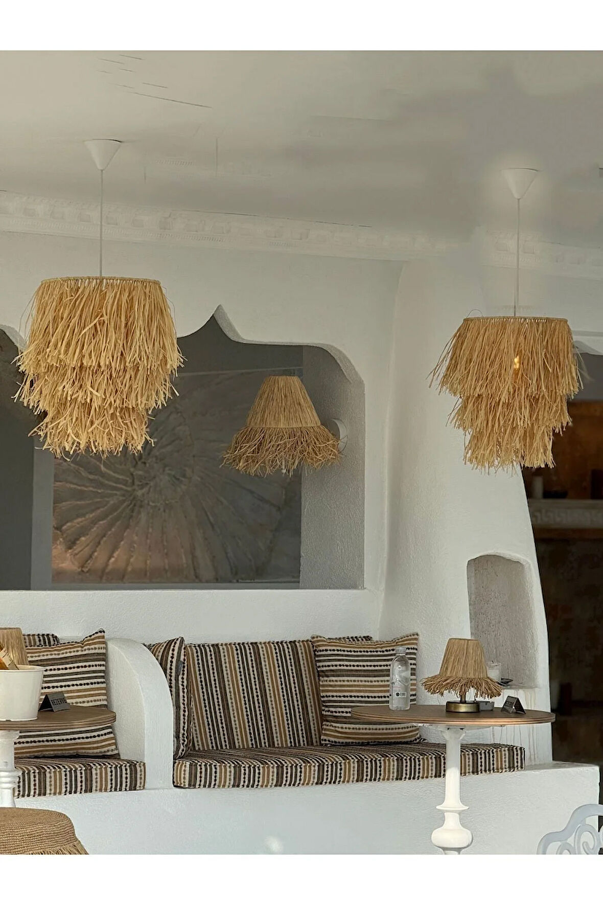 2'li Samos Büyük Püsküllü Rafya Hasır El Yapımı Bohem Tasarım Sarkıt Avize (2 ADET)