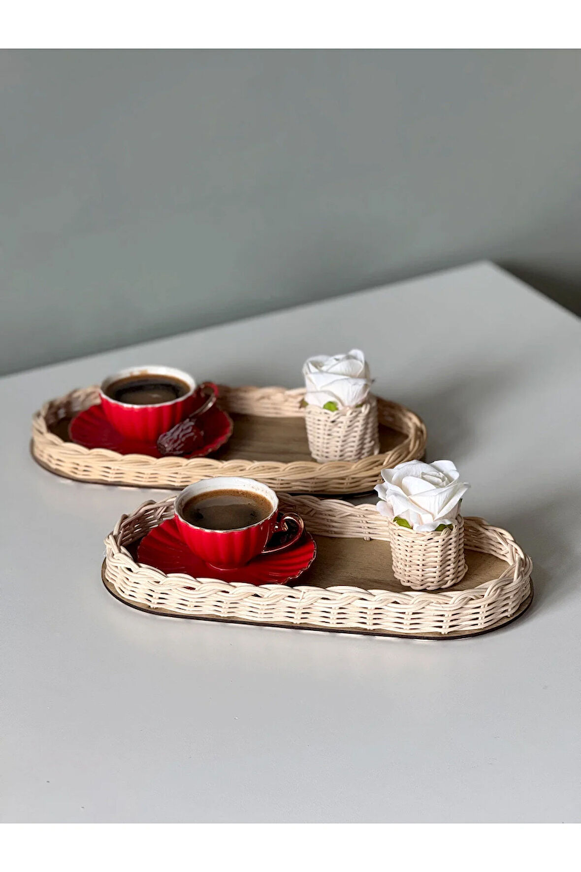 4'lü Rattan Düzenleyici Tepsi & Güllük Sunum Seti Kahve Sunumluğu (GÜL DAHİLDİR)