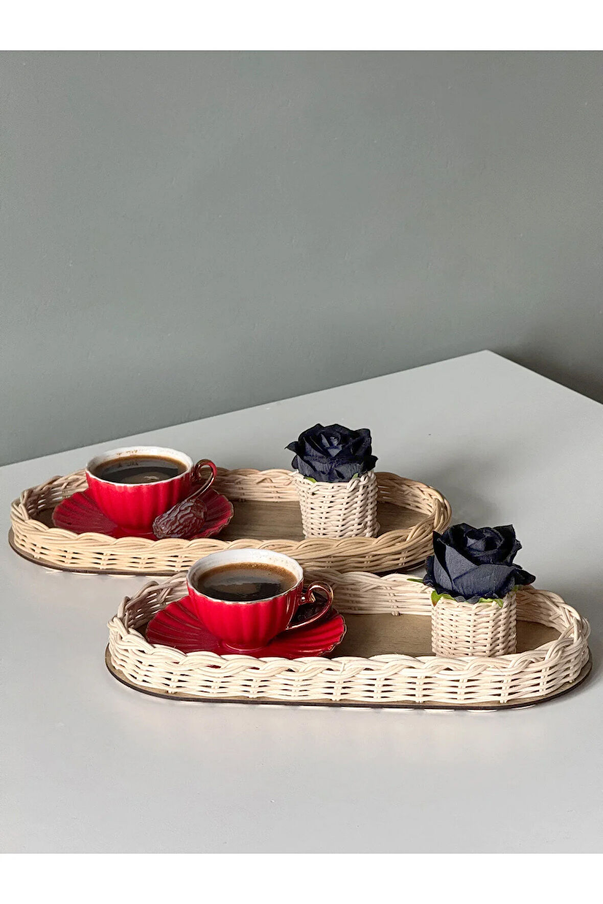 4'lü Rattan Düzenleyici Tepsi & Güllük Sunum Seti Kahve Sunumluğu (GÜL DAHİLDİR)