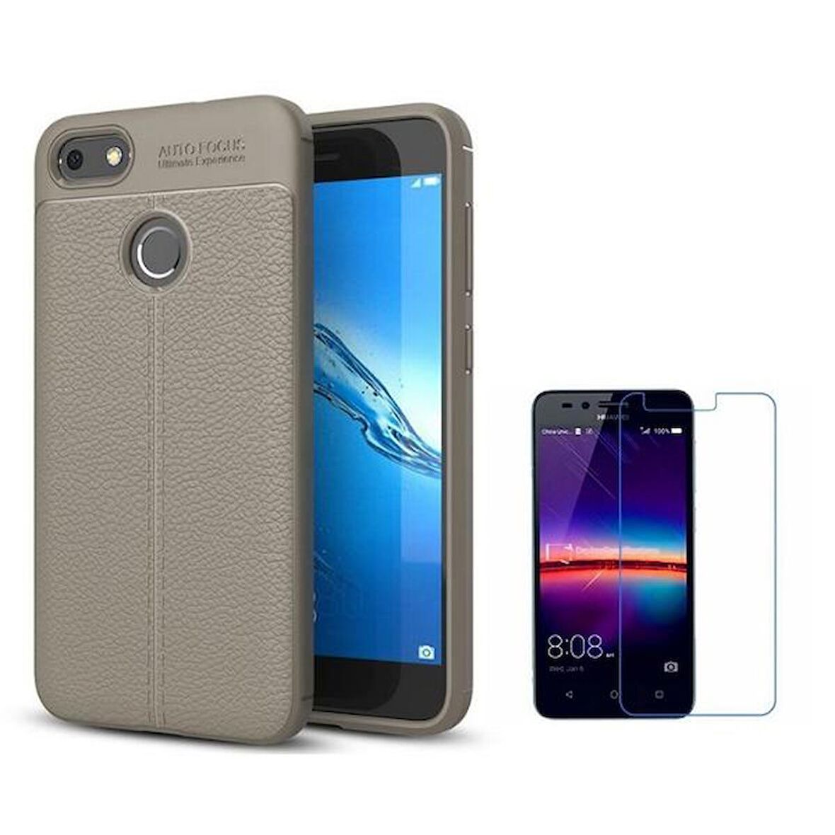 Smcase Huawei P9 Lite Mini Deri Dokulu Silikon Kılıf  Cam Ekran Koruyucu