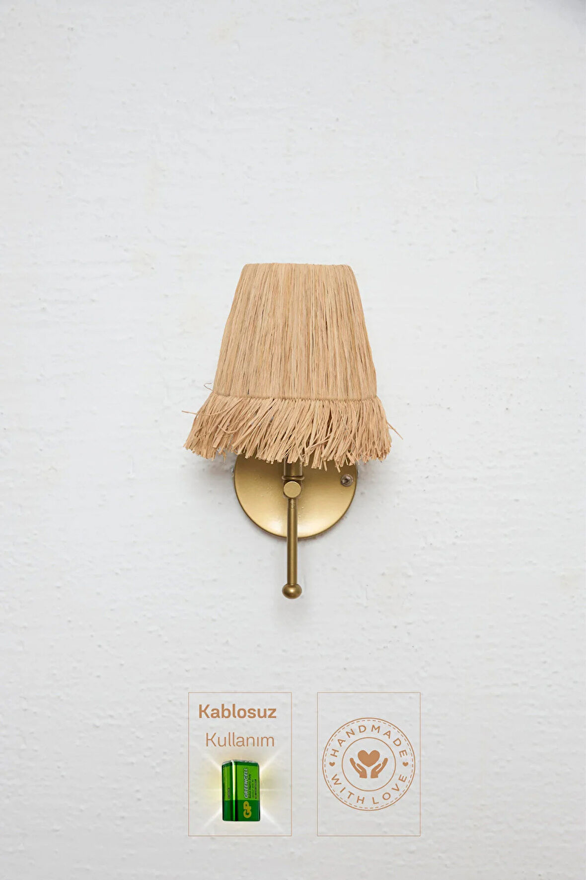 Bohem Hasır Rafya Saçaklı El Yapımı Eskitme Gold Kablosuz Pilli Ledli Aplik