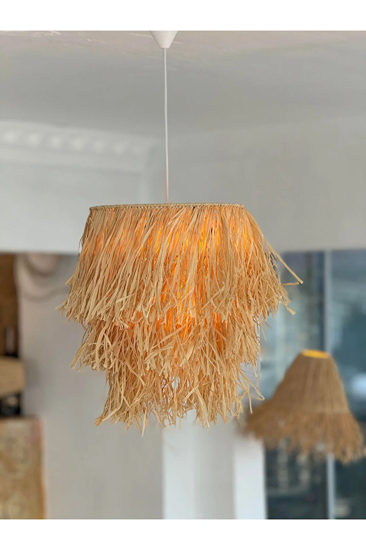 Samos Püsküllü 3 Katlı Rafya Hasır Dekoratif Sarkıt Avize