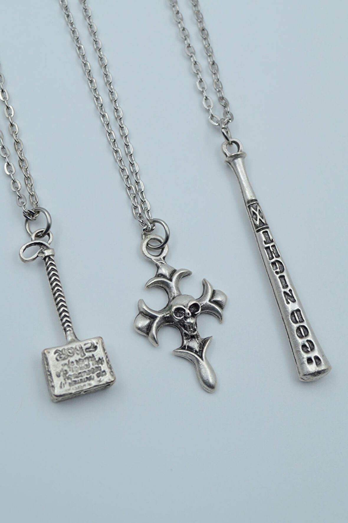 3'lü Thor Çekiç Kuru Kafa Haç  Beyzbol Sopası Gümüş Kaplama Kolye Seti