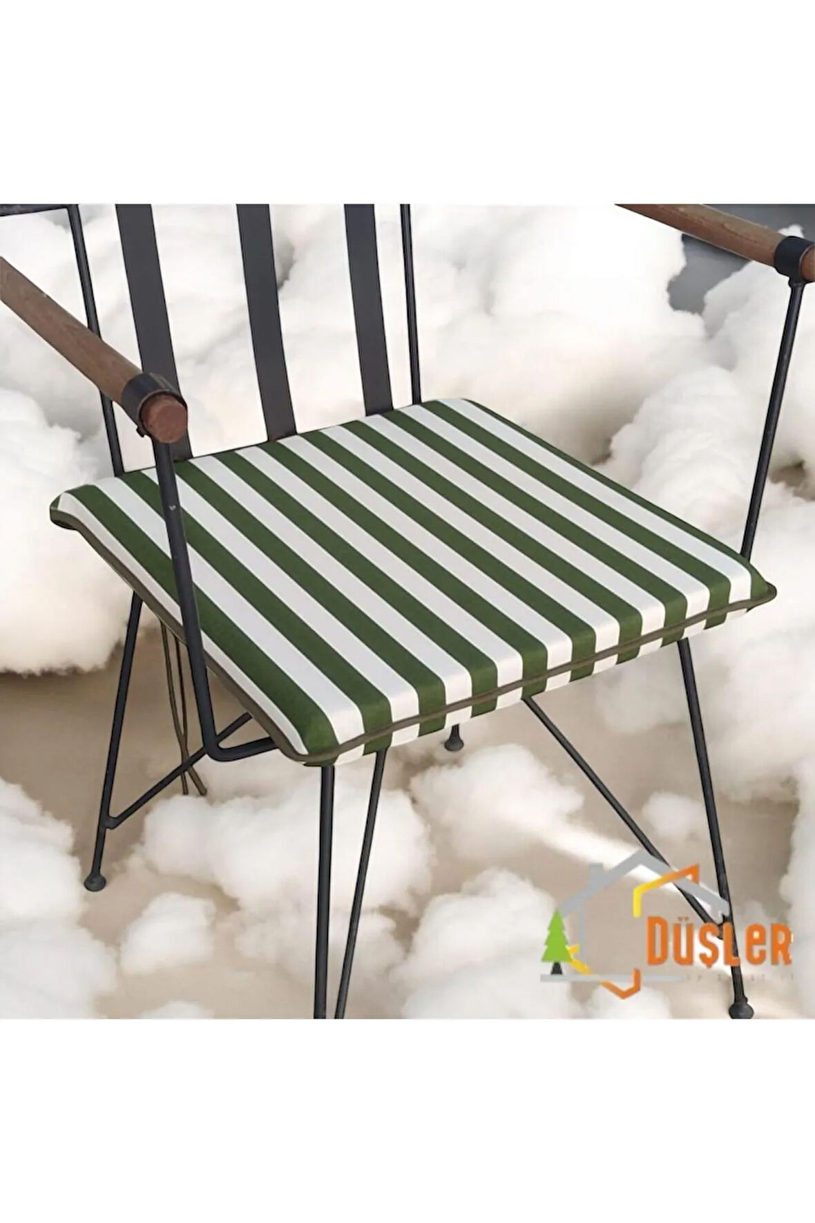 40x40 Yeşil Beyaz Çizgili Su ve Leke İtici Fermuarlı Bağcıklı Yeşil Biyeli Sandalye Minderi 4 cm