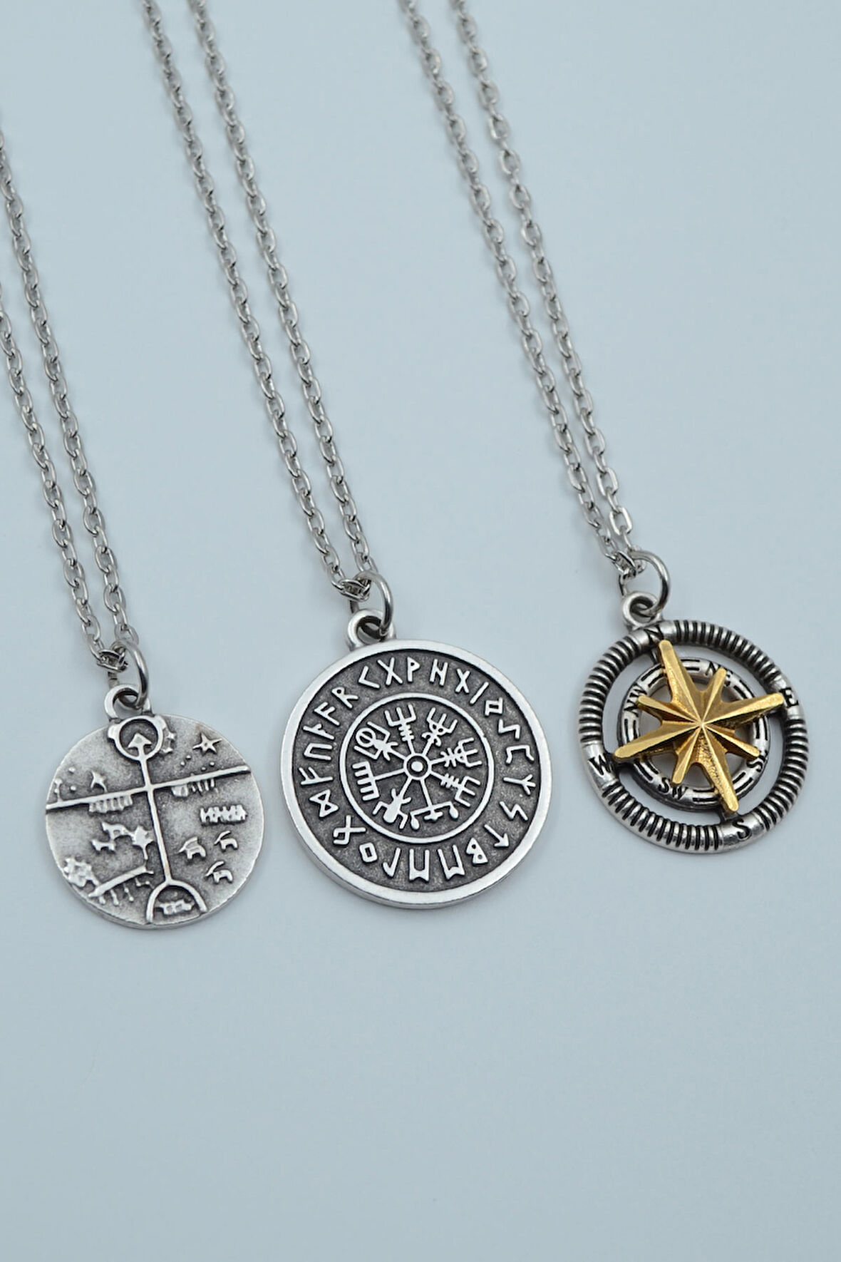 3'lü Şaman Davulu - Kam Davulu Viking Pusula Tılsım Gümüş Kaplama Kolye Seti