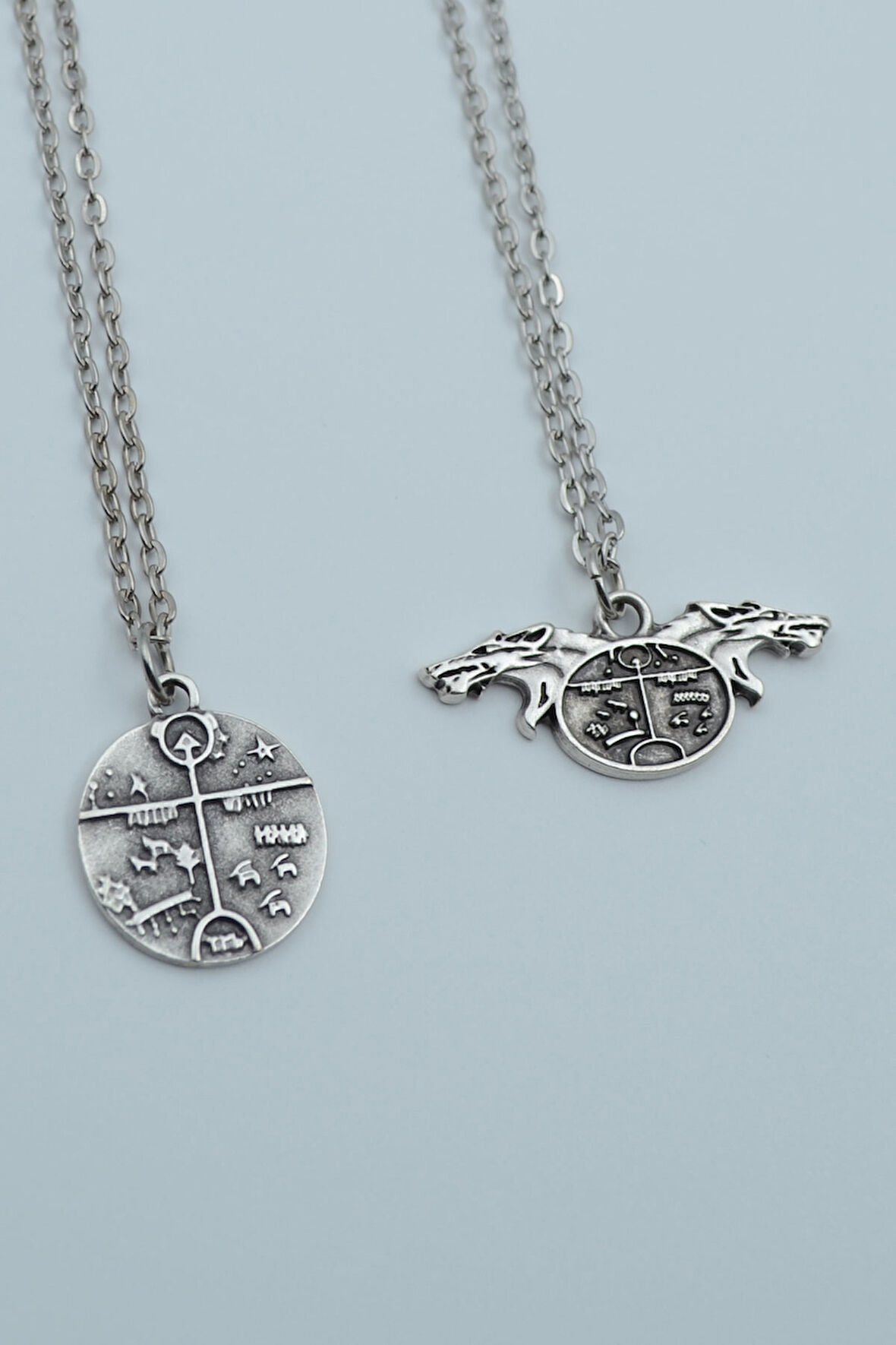 2'li Kam Davulu Şaman Davulu Kurt Gümüş Kaplama Kolye Seti