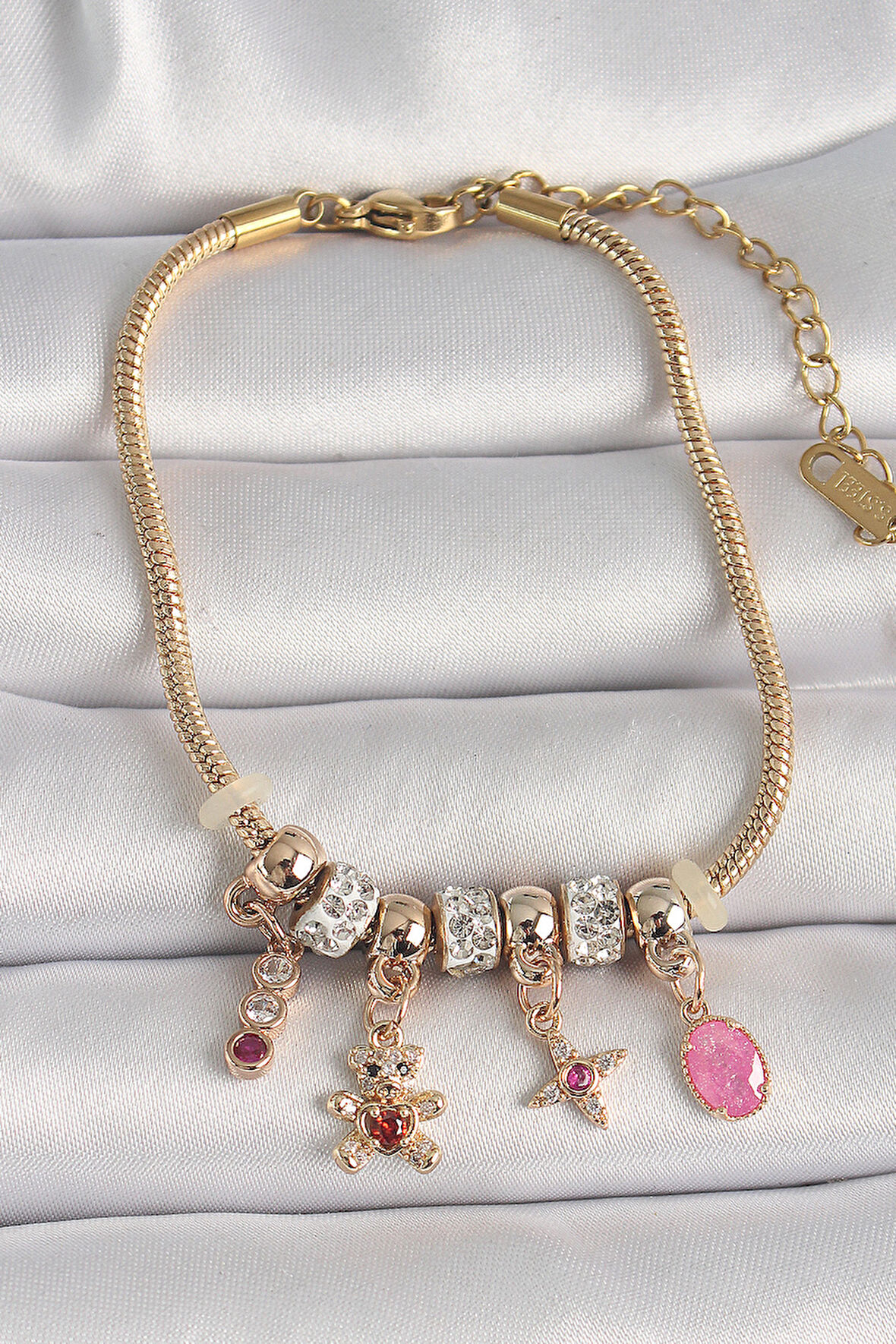 316L Çelik Gold Renk Zincir Sallantı Zirkon Taşlı Ayıcık Figür Yıldız Detay Kadın Bileklik