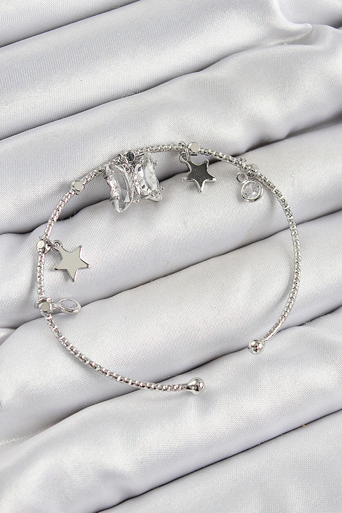 Pirinç Zirkon Taşlı Kelebek Ve Yıldız Model Gümüş Renk Charm Bileklik