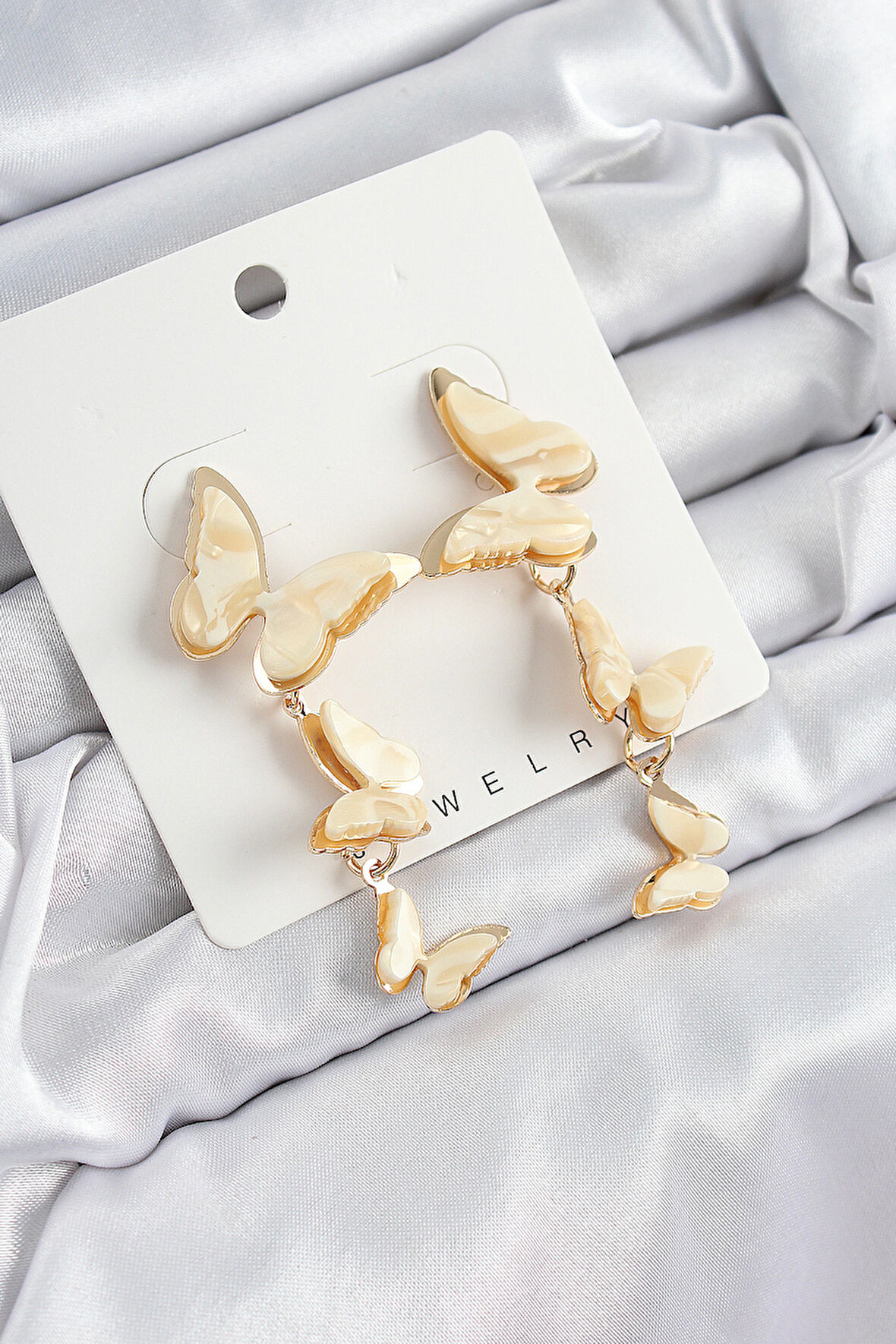 Pirinç Sedef Sallantılı Mermer Desenli Kelebek Model Gold Renk Vintage Kadın Küpe