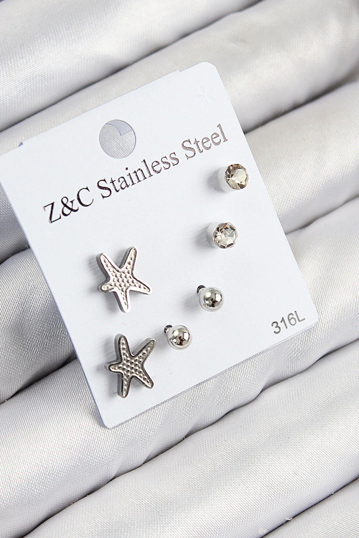 316L Çelik Zirkon Taşlı Deniz Yıldızı Model Gümüş Renk Kadın Set Küpe