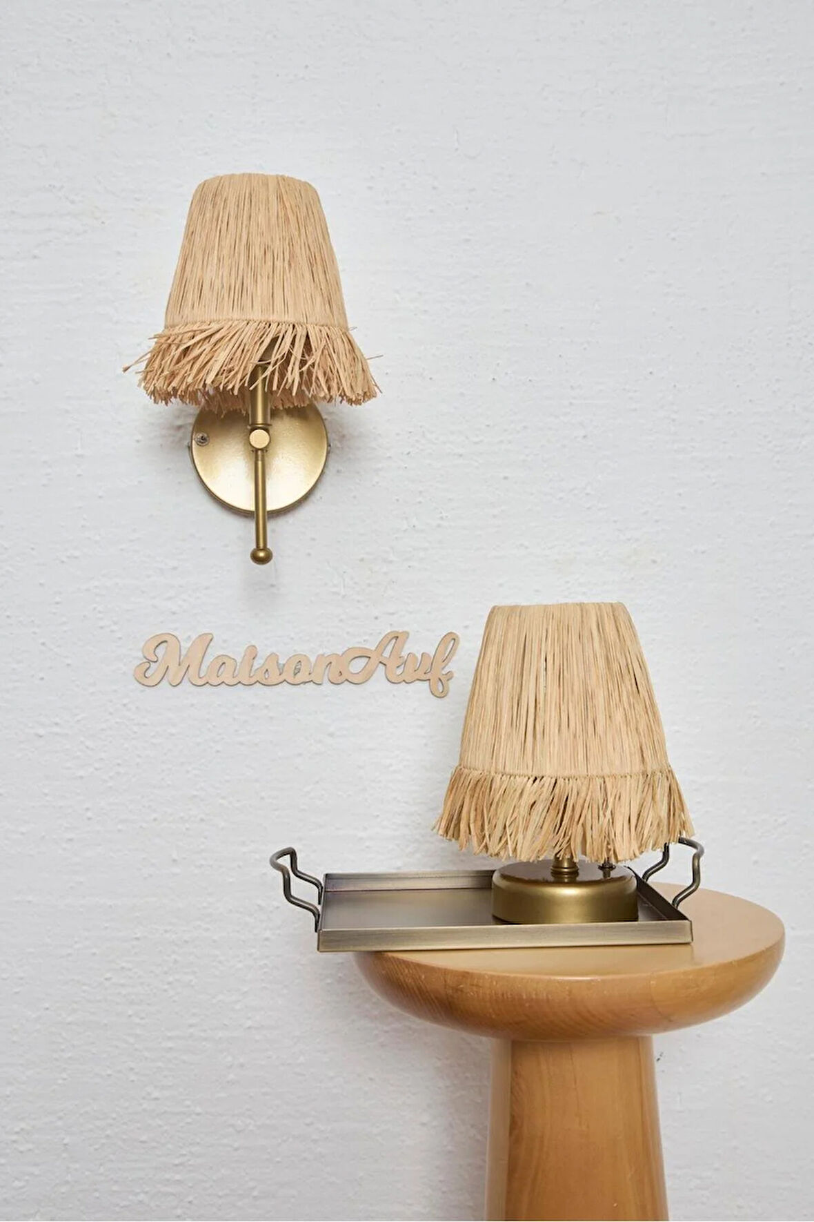 3'lü Set Rafya Saçaklı Kablosuz Pilli Aplik & Rafya Saçaklı Masa Lambası & Galvaniz Tepsi