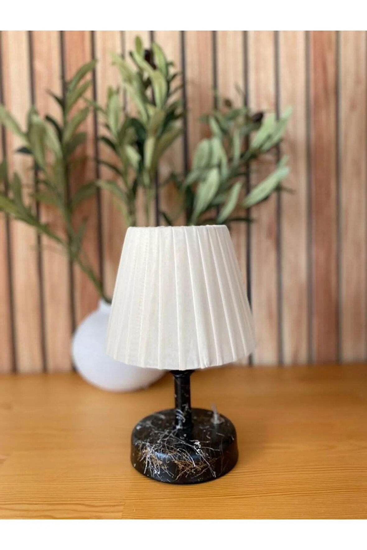 Osmanlı Ipeği Pileli Kablosuz Masa Lambası -alt Siyah Mermer Led Işık ( 9v Pil 75-90 Saat)