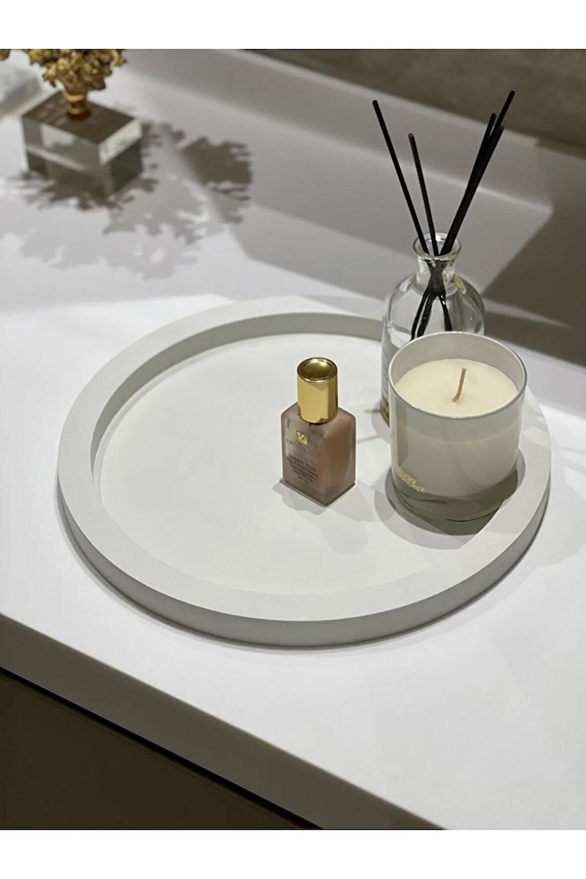 Ahşap Yuvarlak Tepsi Beyaz Rengi Model Dekorasyon Düzenleyici