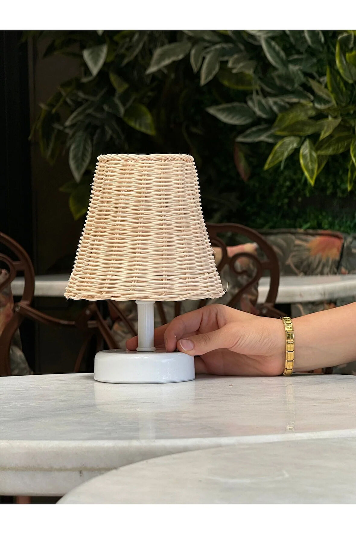 Rattan & Bambu Masa Üstü Kablosuz Pilli Abajur Masa Lambası Beyaz