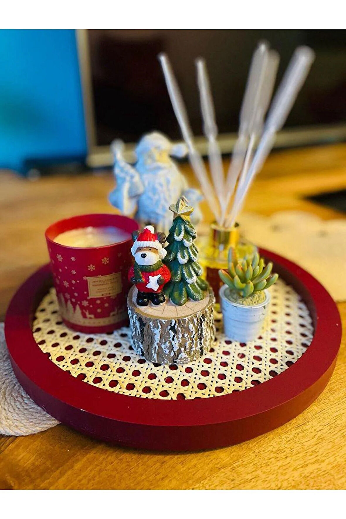 Rattan Hazeran Yuvarlak Tepsi Bordo (%100 Doğal Hazeran)