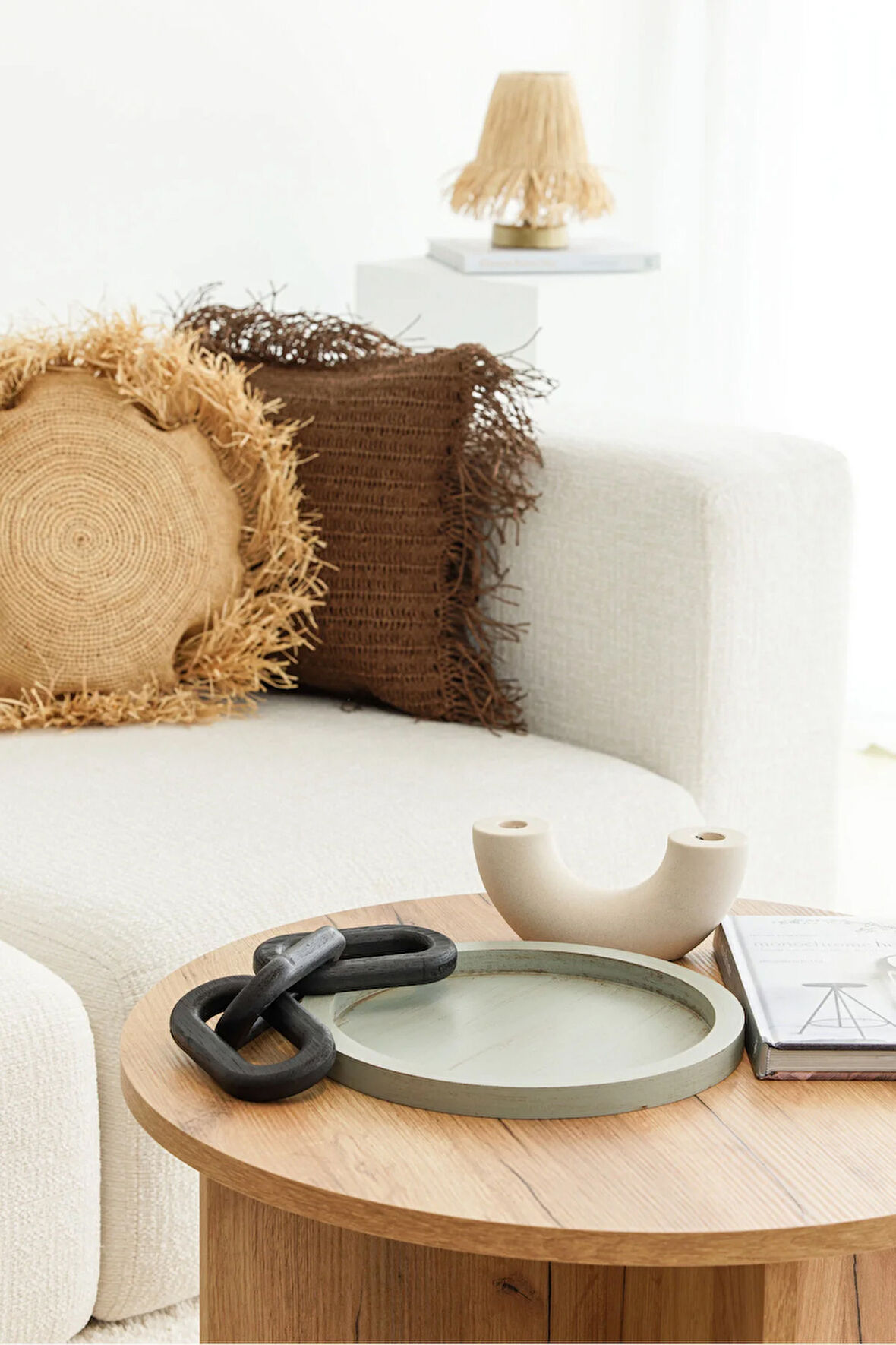 Ihlamur Rengi YUvarlak Sunum Dekorasyon Düzenleyici Ahşap Tepsi