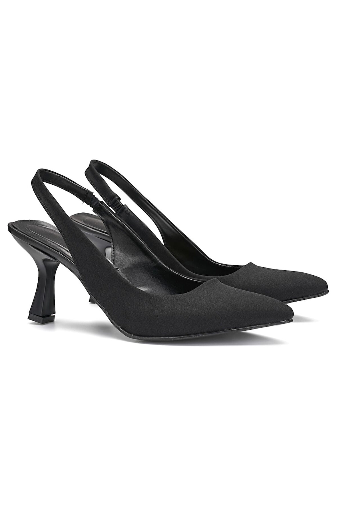 Günlük Kadın Sivri Burun Saten Kumaş Düz Desensiz İnce Arkası Açık Topuklu Model Abiye Ayakkabı 101b