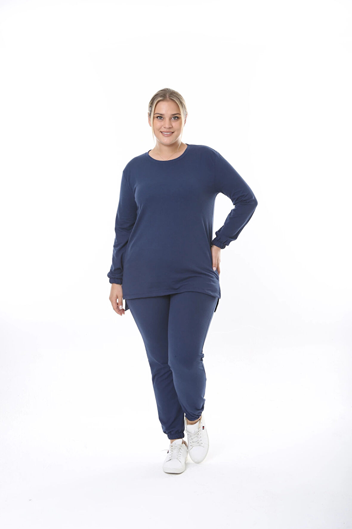 Kadın Düz Renk Büyük Beden Uzun Kol Lastikli İkiiplik Takım