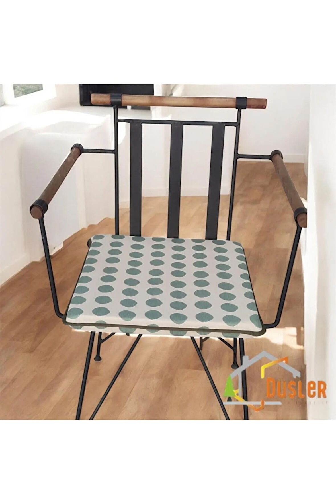 40x40 Yeşil Puantiyeli Krem Su ve Leke İtici Fermuarlı Bağcıklı Yeşil Biyeli Sandalye Minderi 4 cm