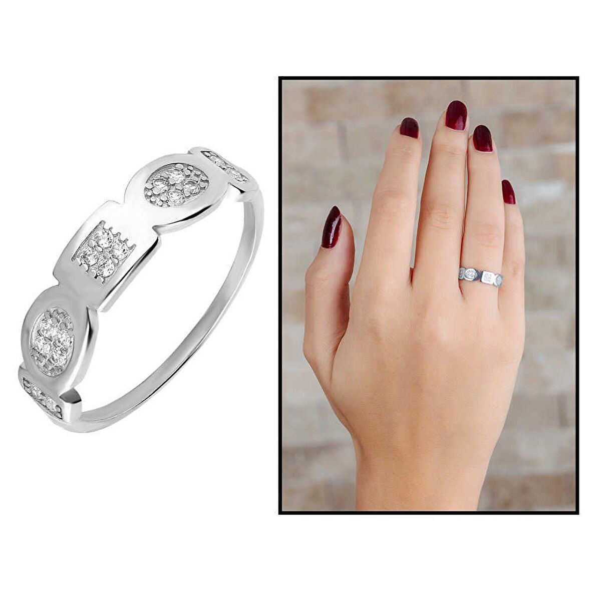 Zirkon Taşlı Geometrik Tasarım 925 Ayar Gümüş Kadın Yüzük