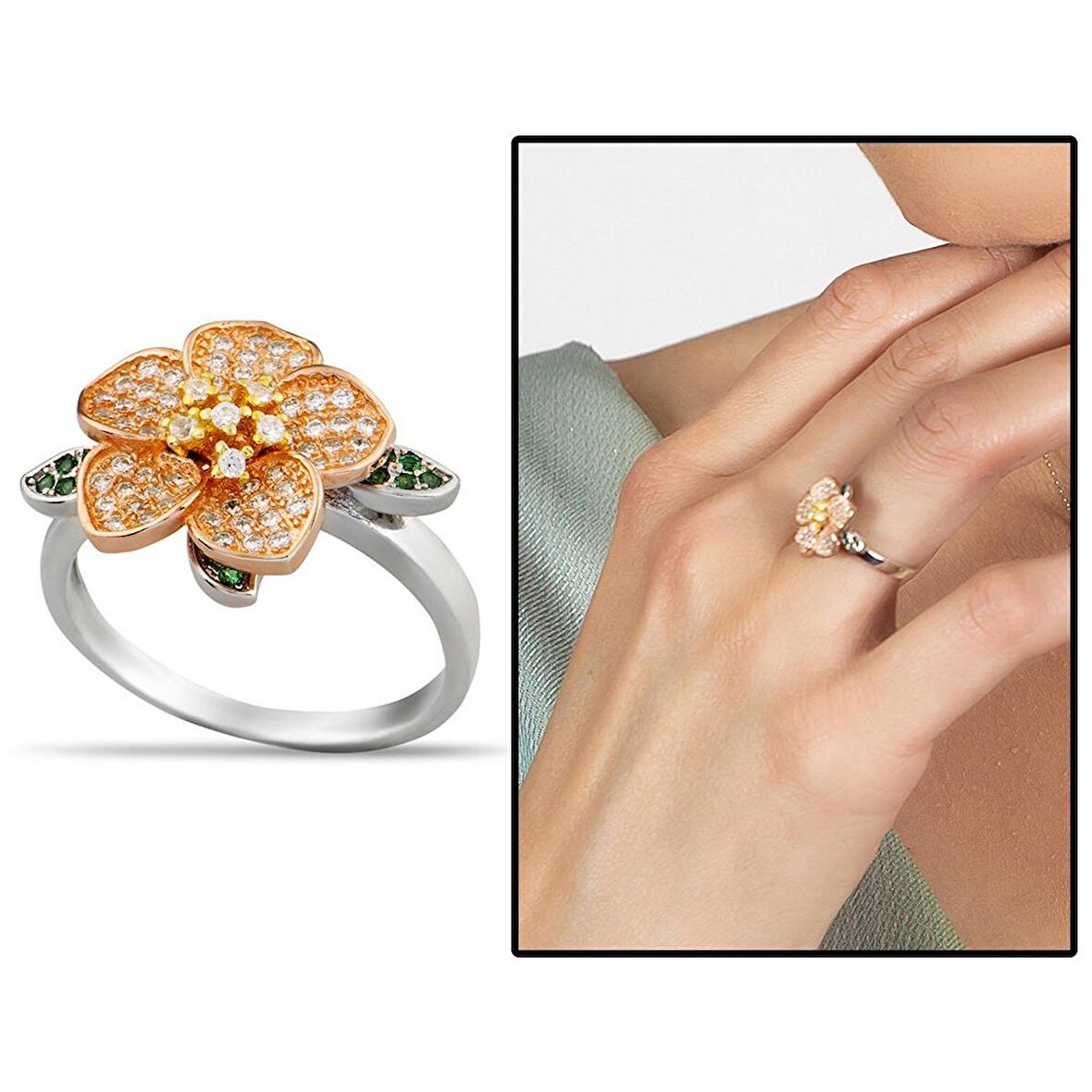 Zirkon Taşlı Rüzgar Gülü Tasarım Kar Tanesi Detaylı 925 Ayar Gümüş Kadın Yüzük