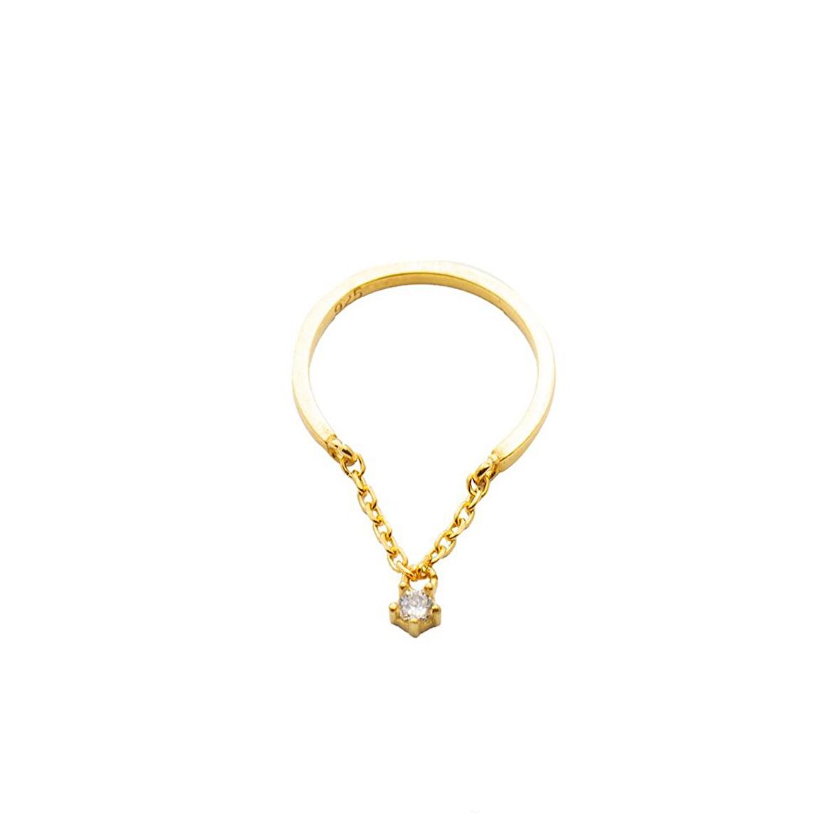Zirkon Taşlı Zincirli Gold Renk Free Size 925 Ayar Gümüş Kadın Tektaş Yüzük