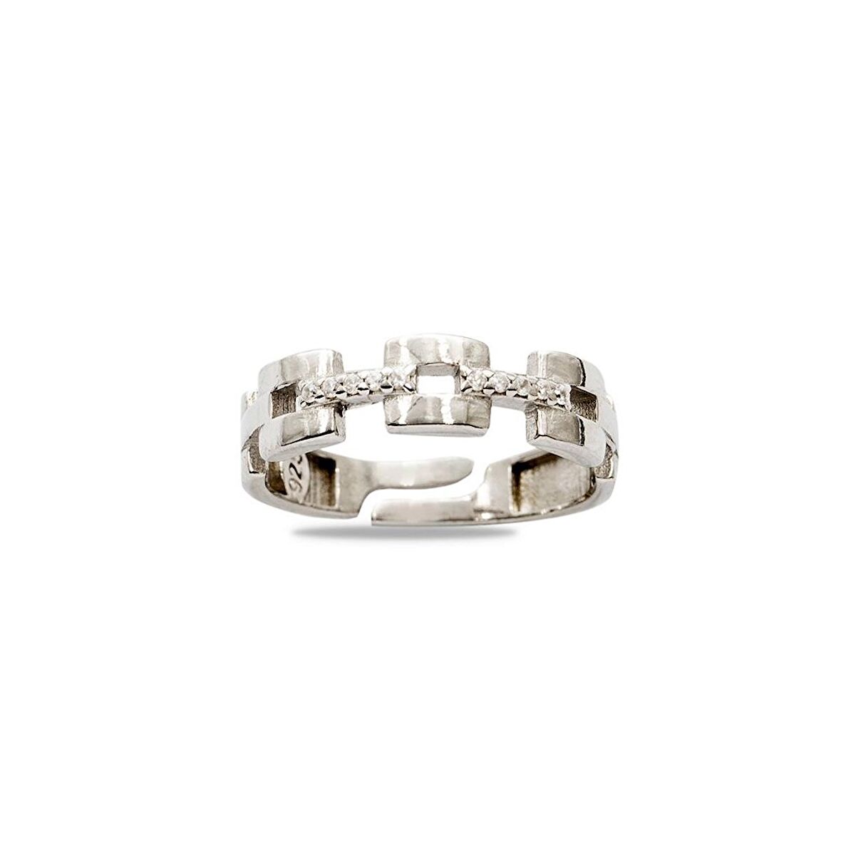 Zirkon Taşlı Kare Zincir Tasarım Silver Renk Free Size 925 Ayar Gümüş Kadın Yüzük