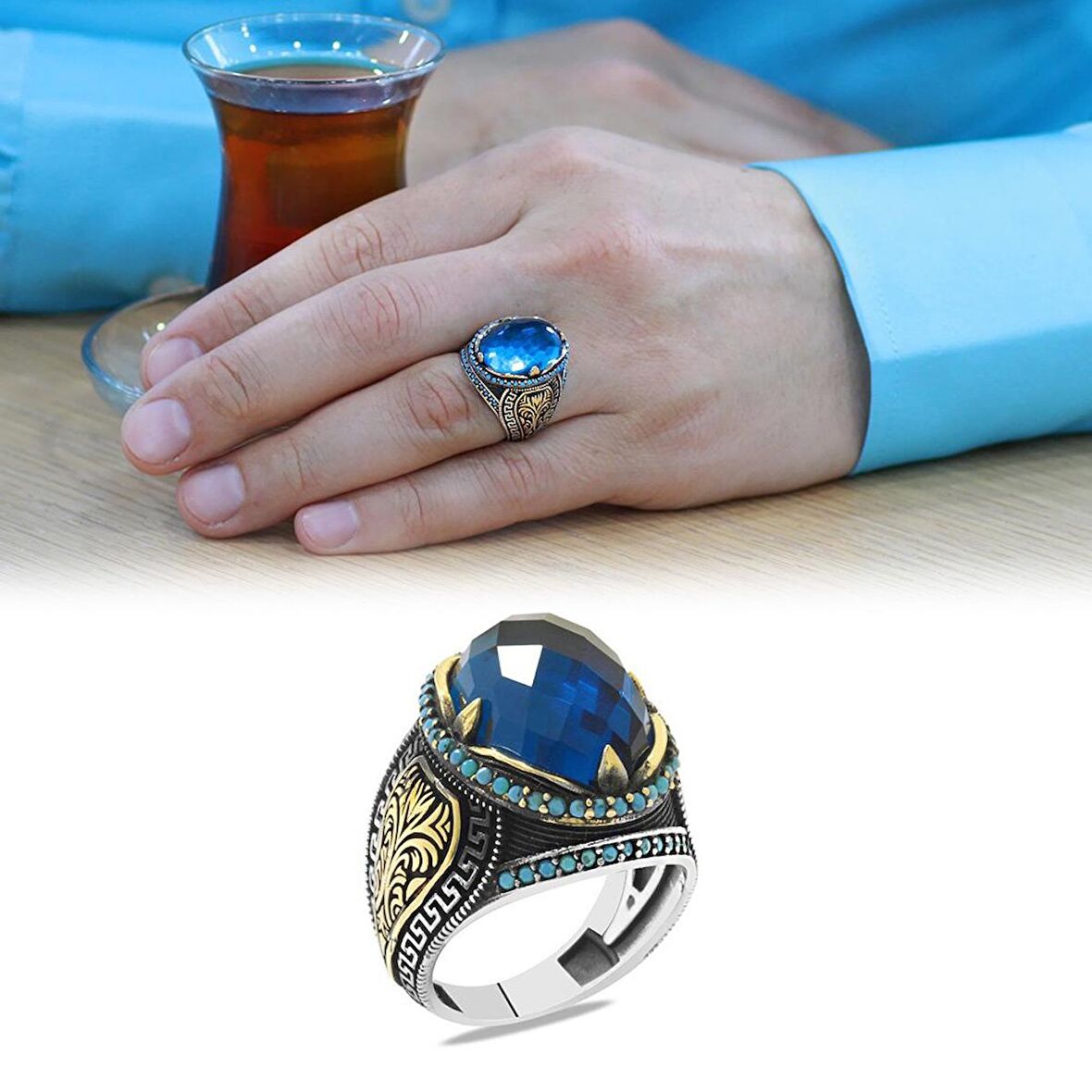 Faset Kesim Turkuaz Zirkon Taşlı Oval Tasarım Grek Süslemeli 925 Ayar Gümüş Erkek Yüzük