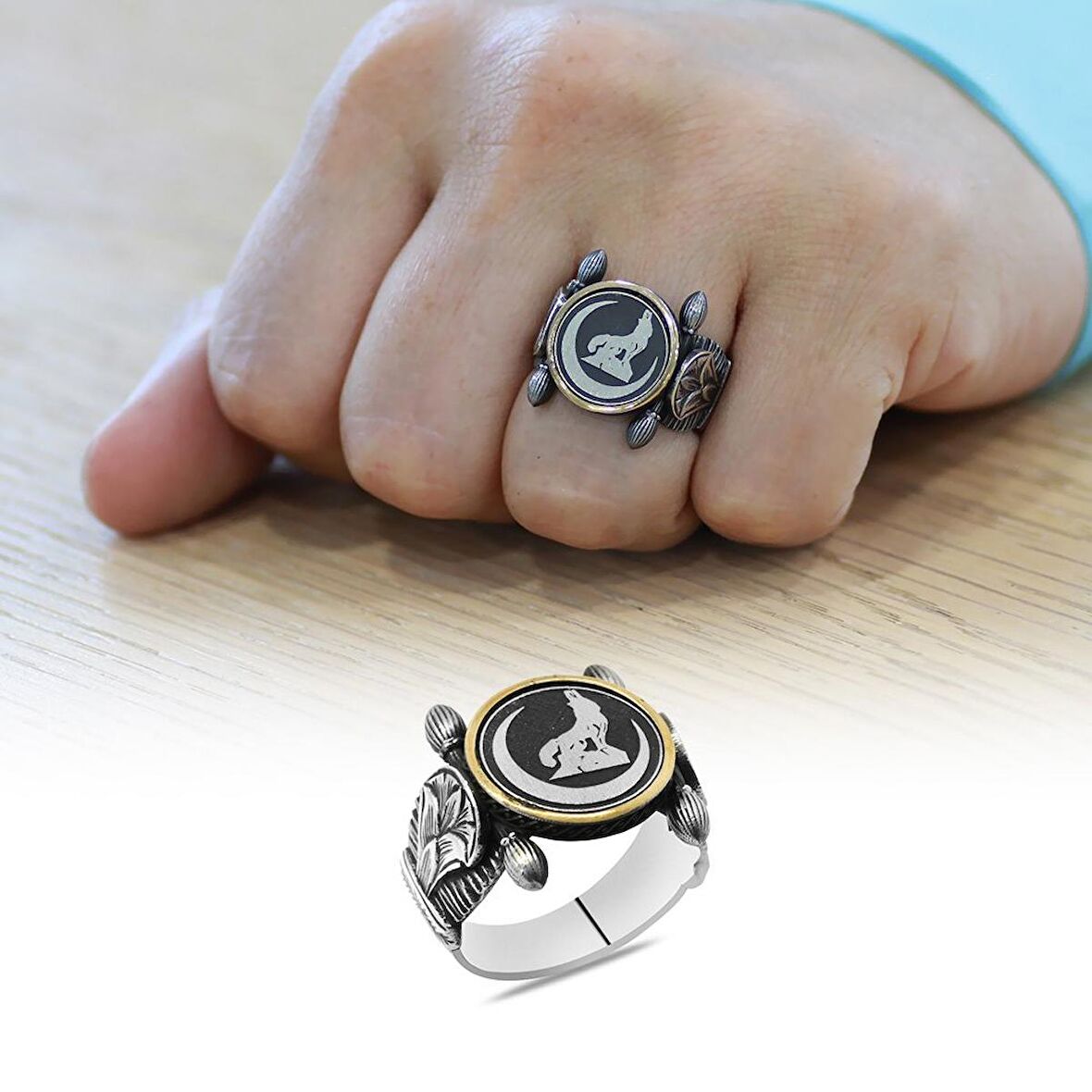 Otantik Tasarım Bozkurt Motifli 925 Ayar Gümüş Erkek Yüzük